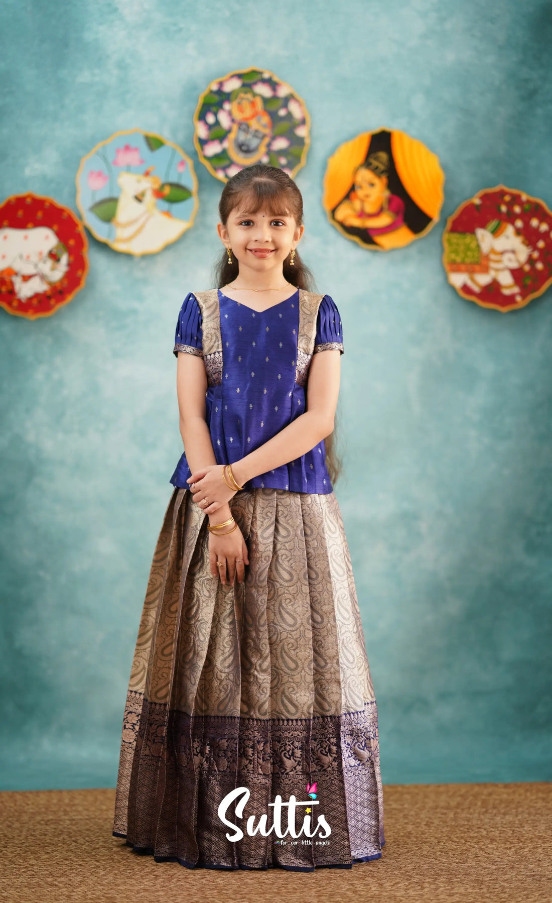 Izhaiyini - Navy Blue Banarasi Tissue Pavadai Sattai Kids-Suttis