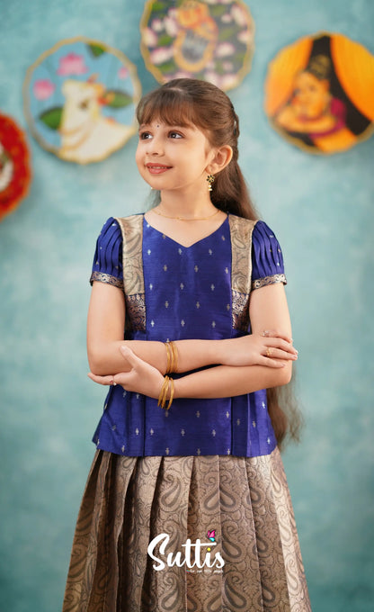 Izhaiyini - Navy Blue Banarasi Tissue Pavadai Sattai Kids-Suttis