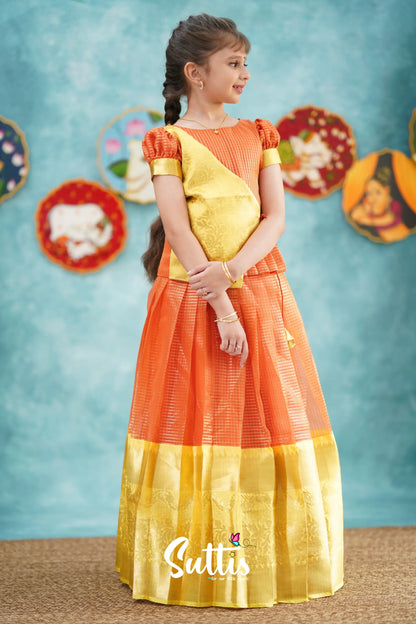 Izhaiyini - Orange Organza Top And Skirt Kids-Suttis