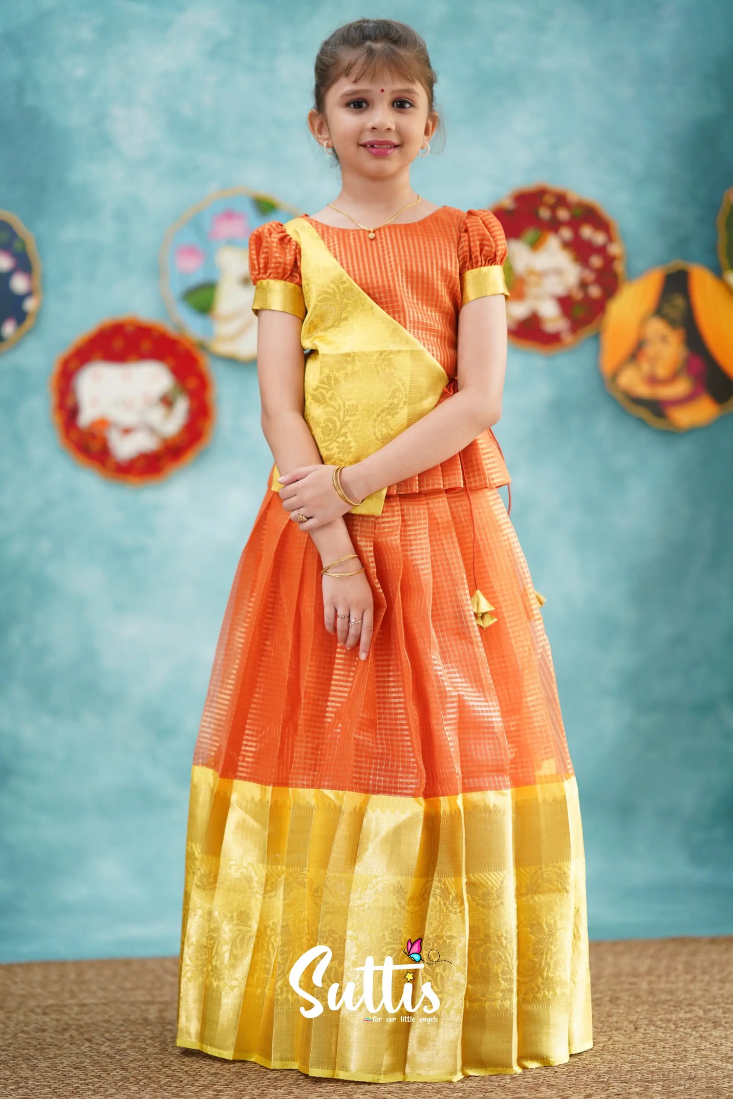 Izhaiyini - Orange Organza Top And Skirt Kids-Suttis