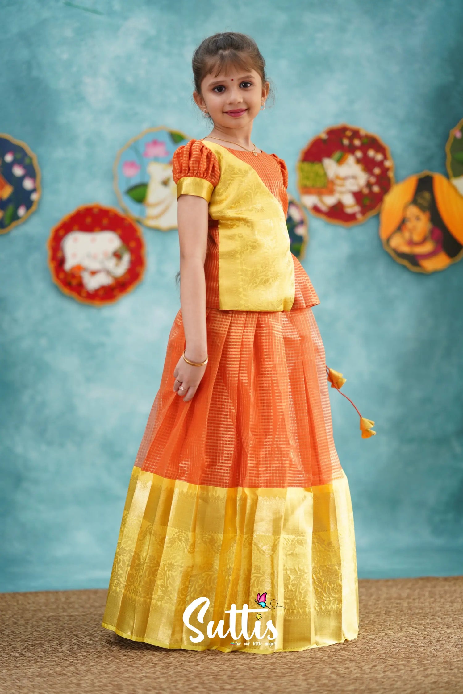 Izhaiyini - Orange Organza Top And Skirt Kids-Suttis