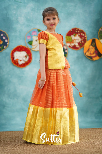 Izhaiyini - Orange Organza Top And Skirt Kids-Suttis