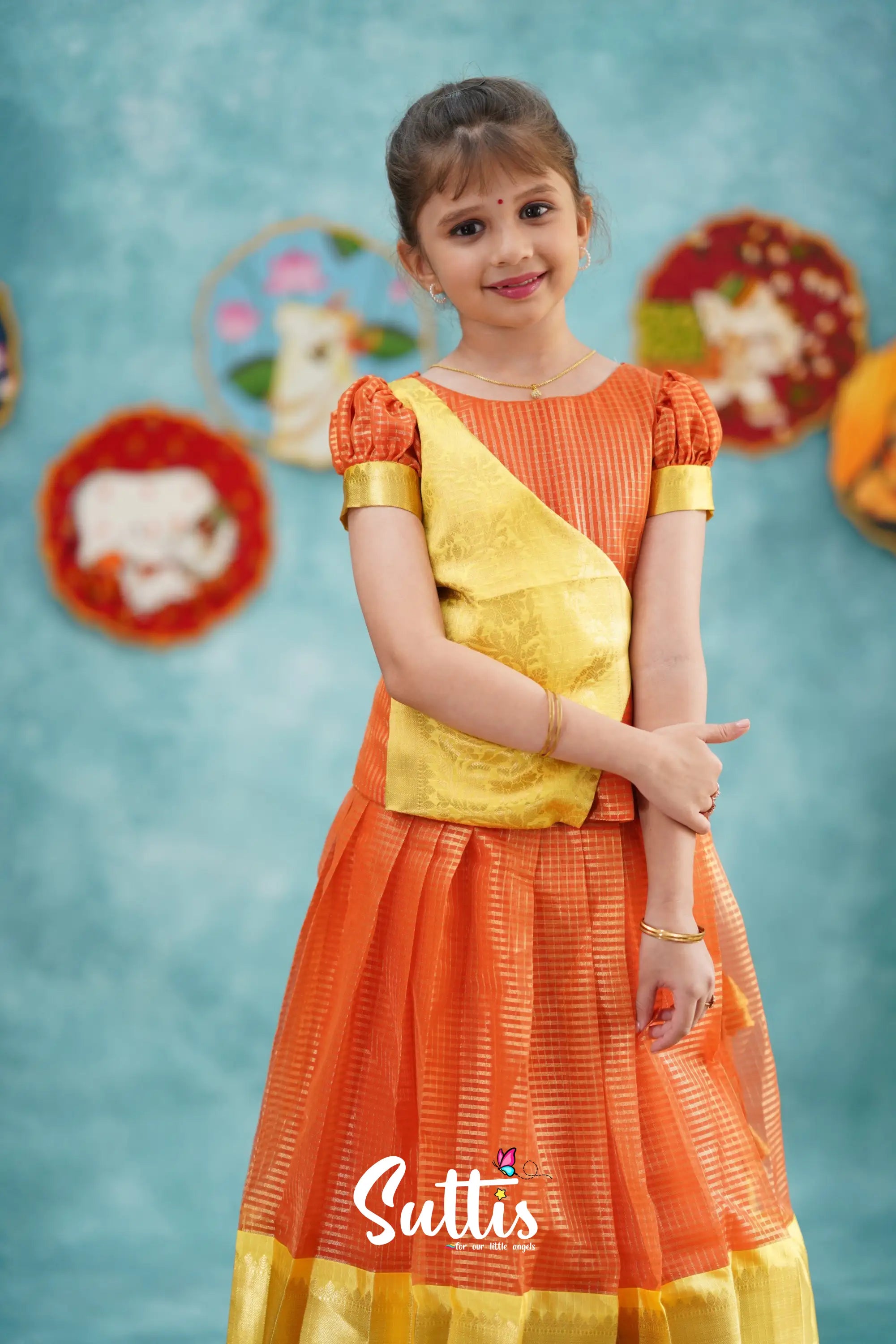 Izhaiyini - Orange Organza Top And Skirt Kids-Suttis
