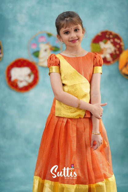 Izhaiyini - Orange Organza Top And Skirt Kids-Suttis