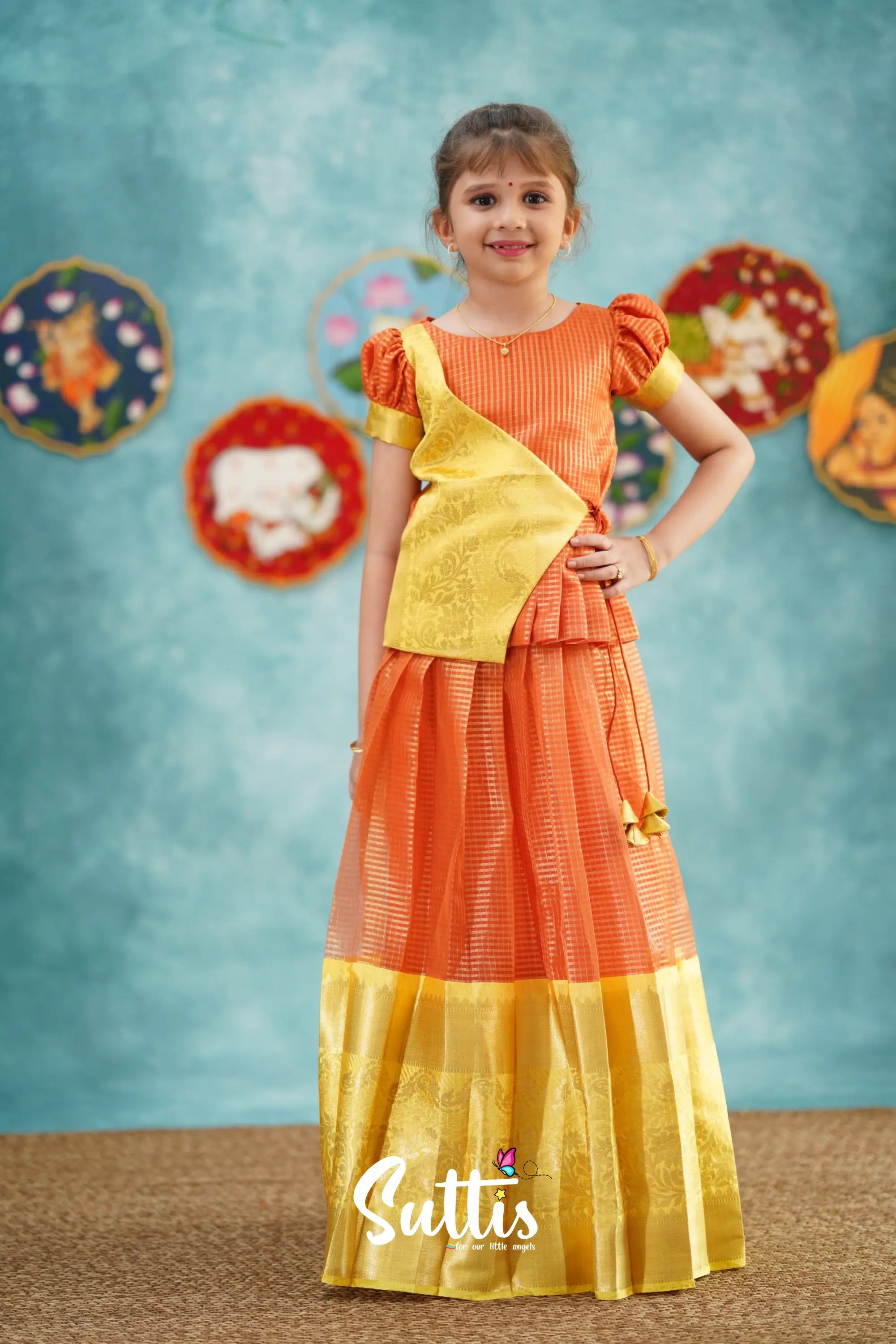 Izhaiyini - Orange Organza Top And Skirt Kids-Suttis