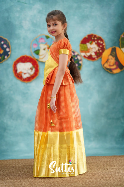 Izhaiyini - Orange Organza Top And Skirt Kids-Suttis
