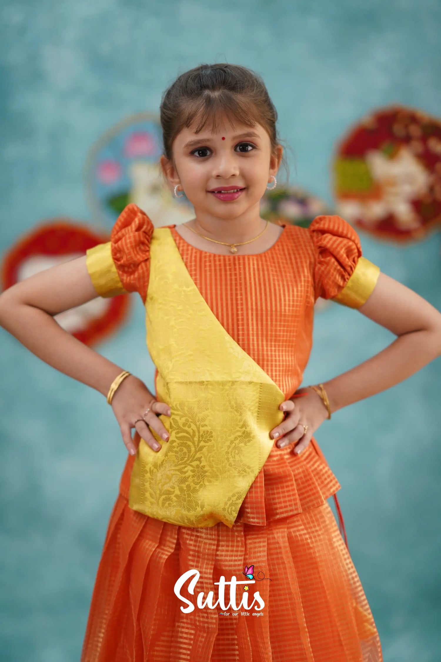 Izhaiyini - Orange Organza Top And Skirt Kids-Suttis