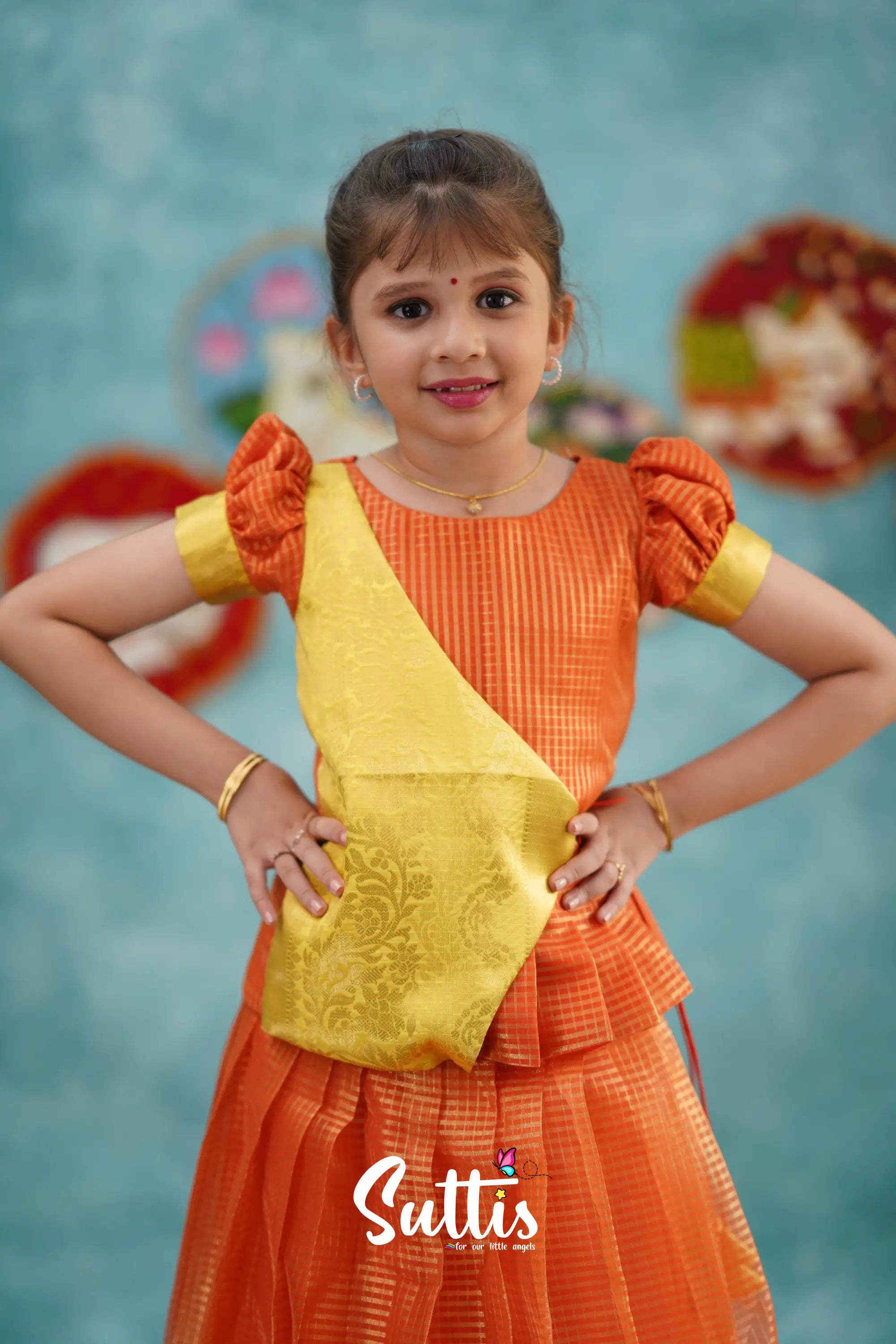 Izhaiyini - Orange Organza Top And Skirt Kids-Suttis