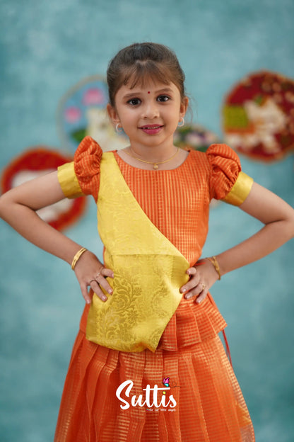 Izhaiyini - Orange Organza Top And Skirt Kids-Suttis