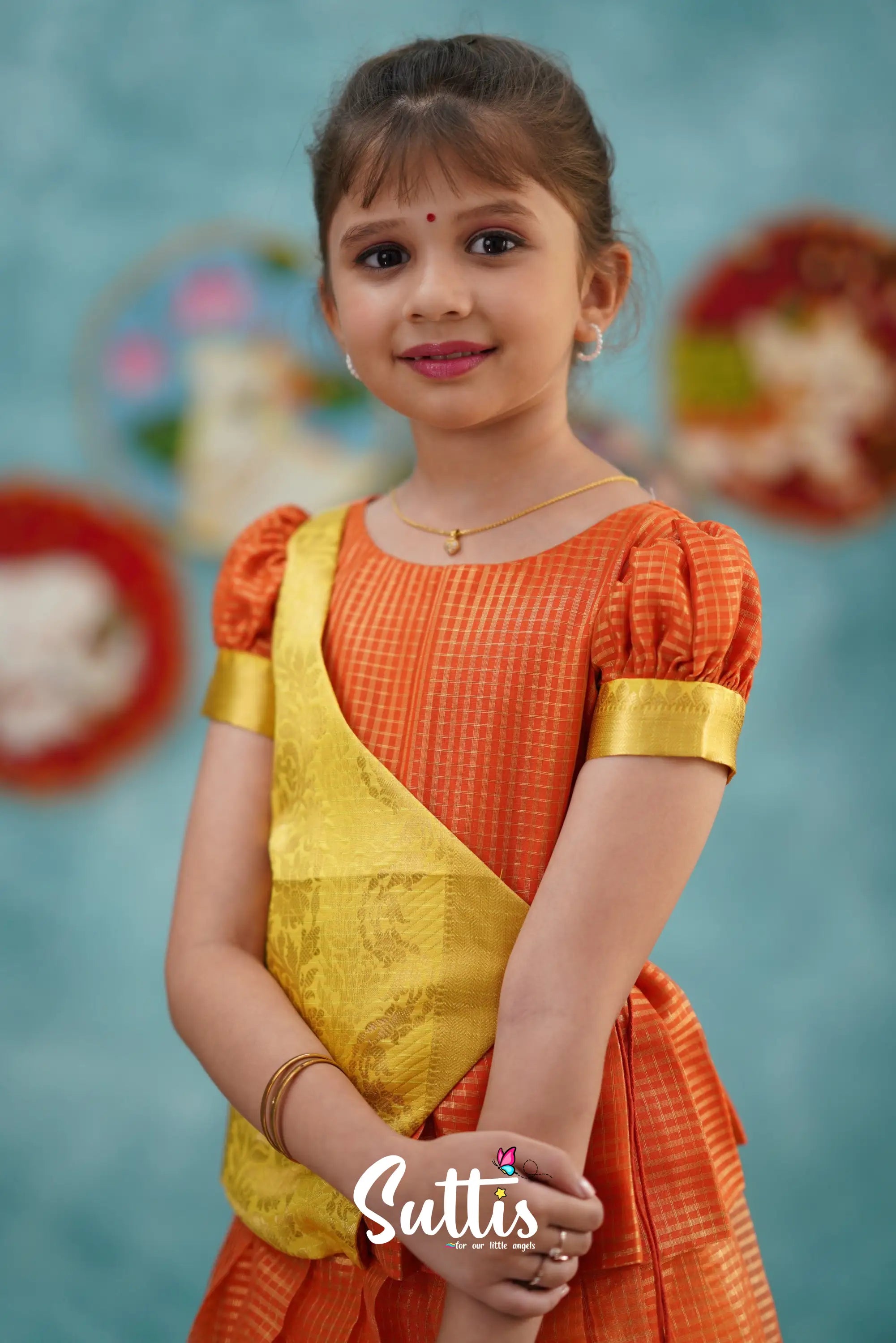 Izhaiyini - Orange Organza Top And Skirt Kids-Suttis