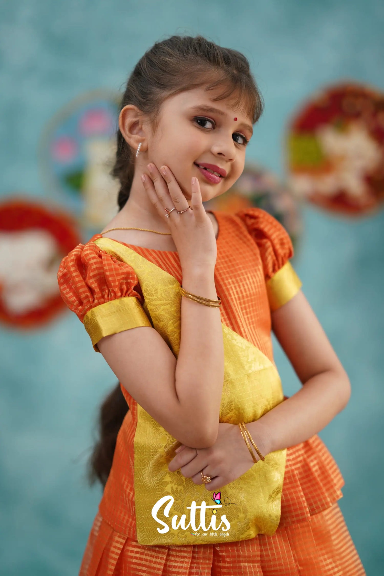 Izhaiyini - Orange Organza Top And Skirt Kids-Suttis