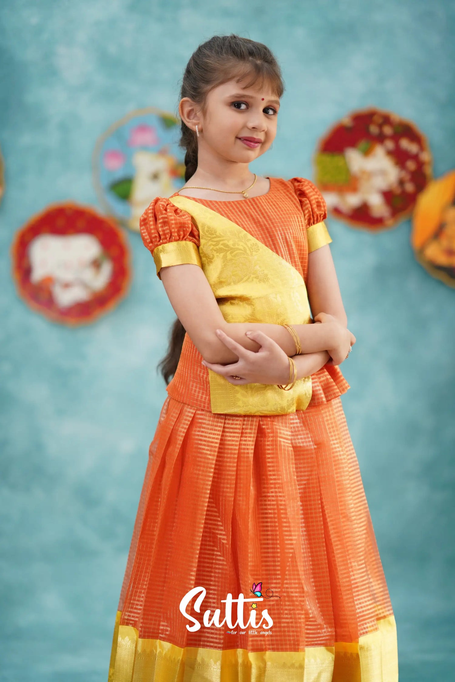Izhaiyini - Orange Organza Top And Skirt Kids-Suttis