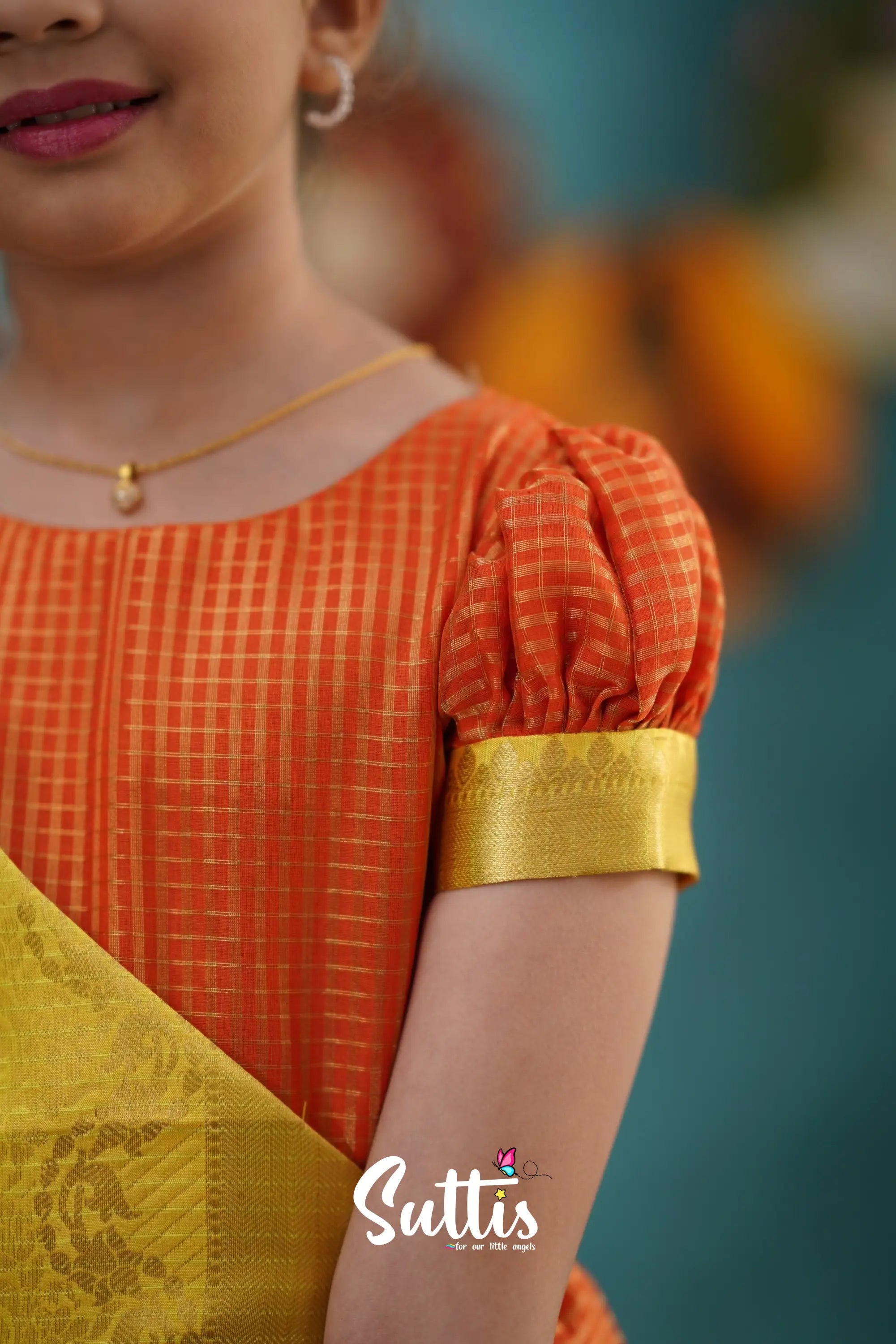 Izhaiyini - Orange Organza Top And Skirt Kids-Suttis