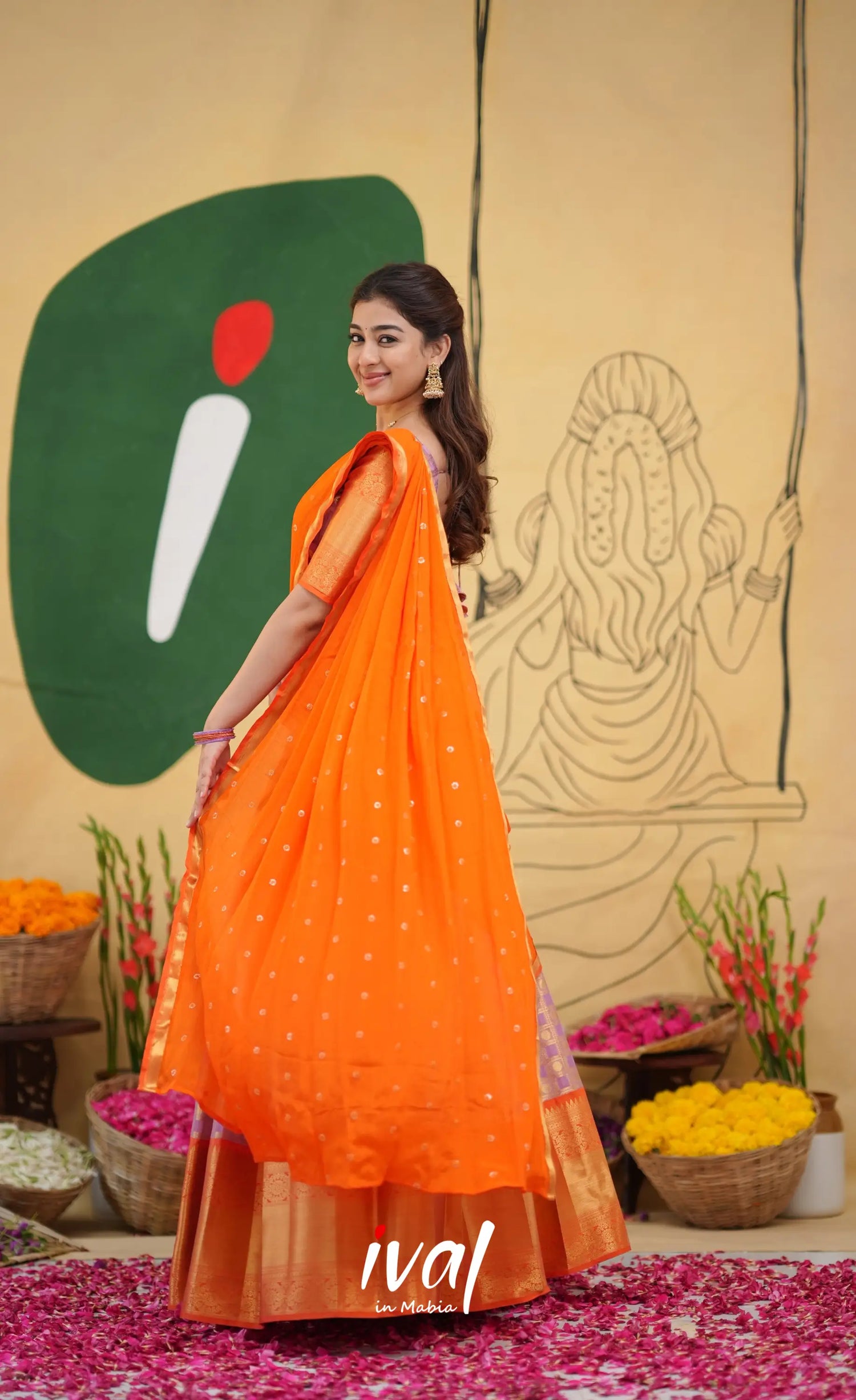 Izhaiyini Organza Half Saree - Lavender and Orange - Half Sarees