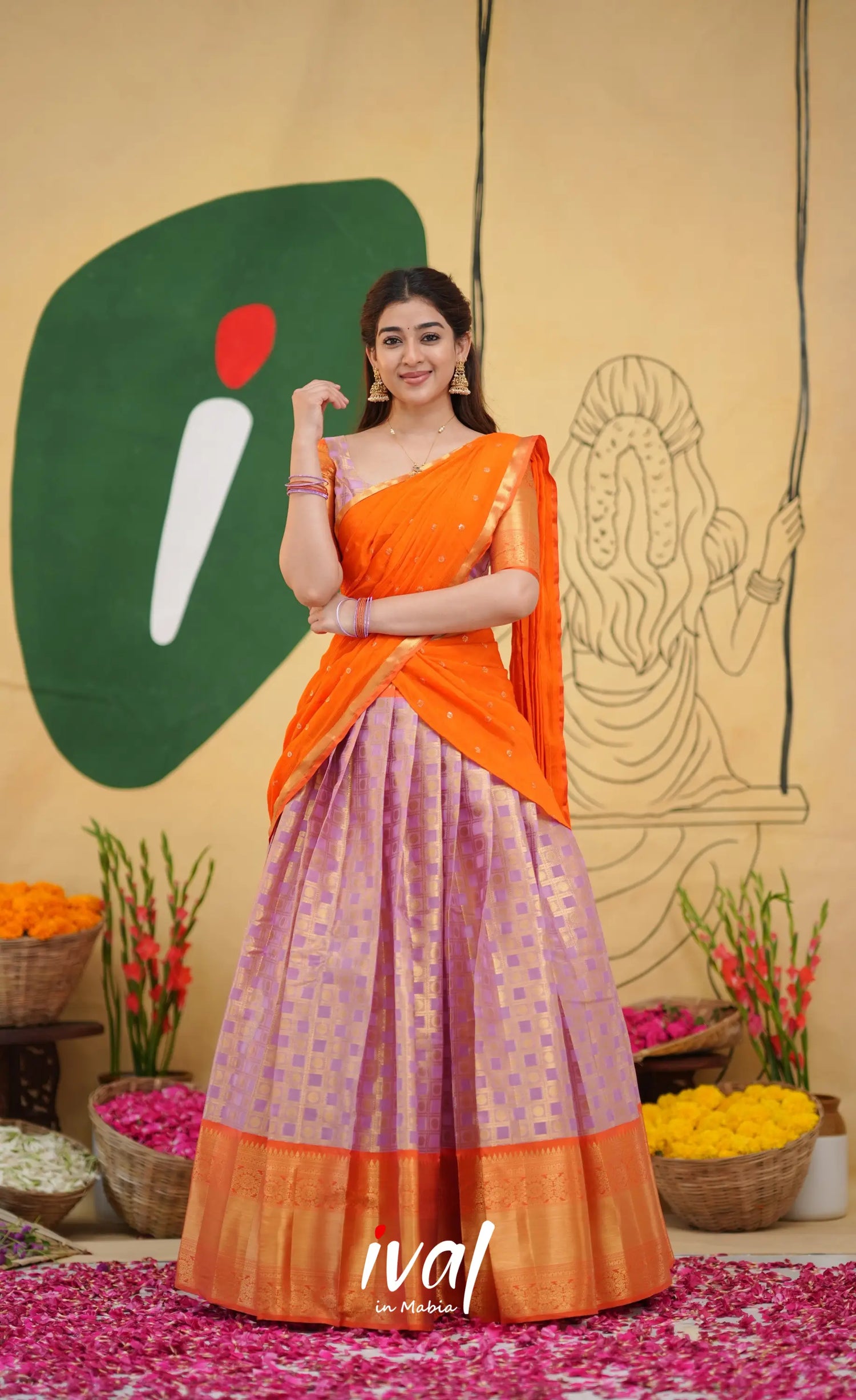 Izhaiyini Organza Half Saree - Lavender and Orange - Half Sarees