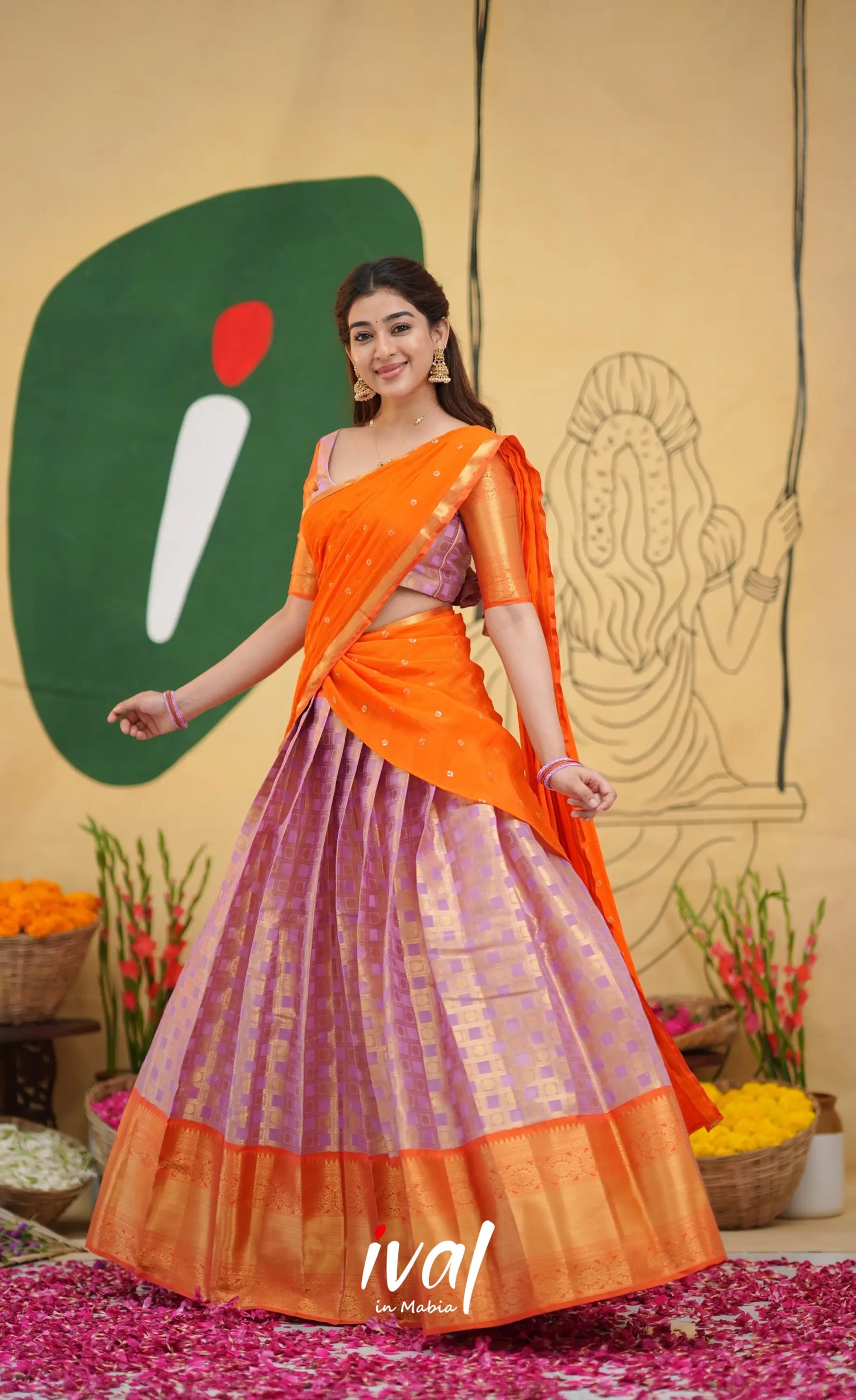 Izhaiyini Organza Half Saree - Lavender and Orange - Half Sarees