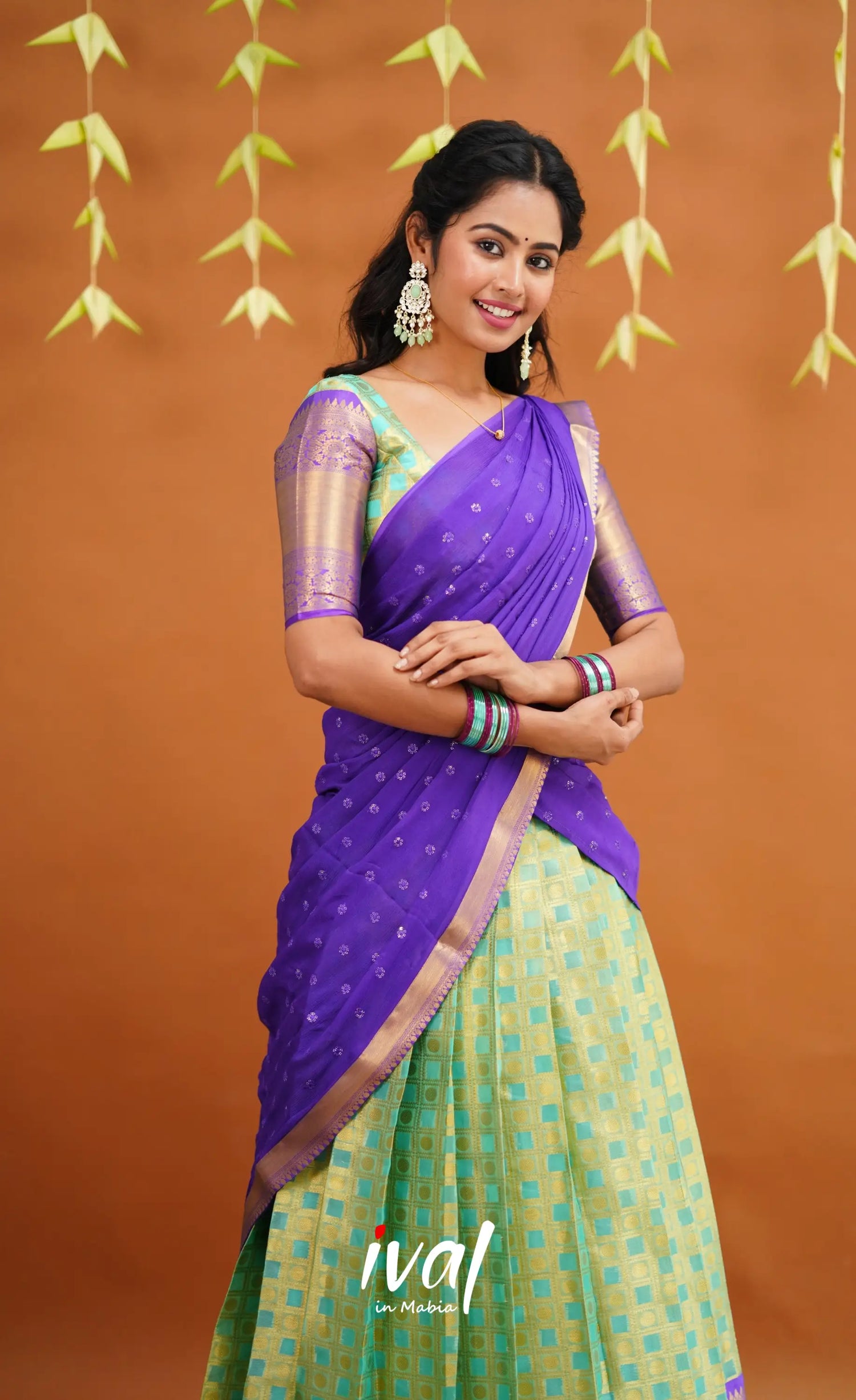 Izhaiyini Organza Half Saree - Light Sea Green And Purple Sarees