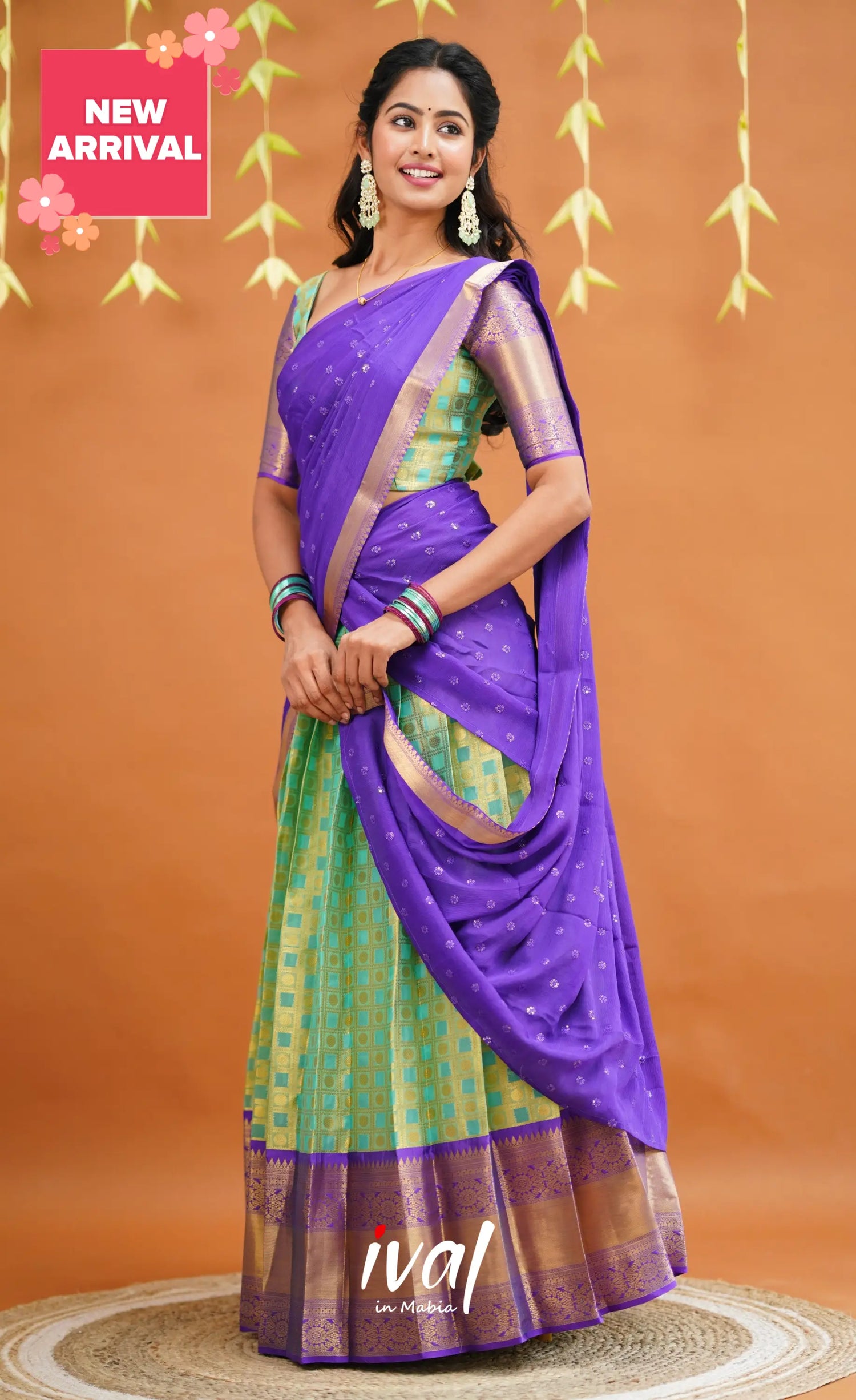 Izhaiyini Organza Half Saree - Light Sea Green And Purple Sarees