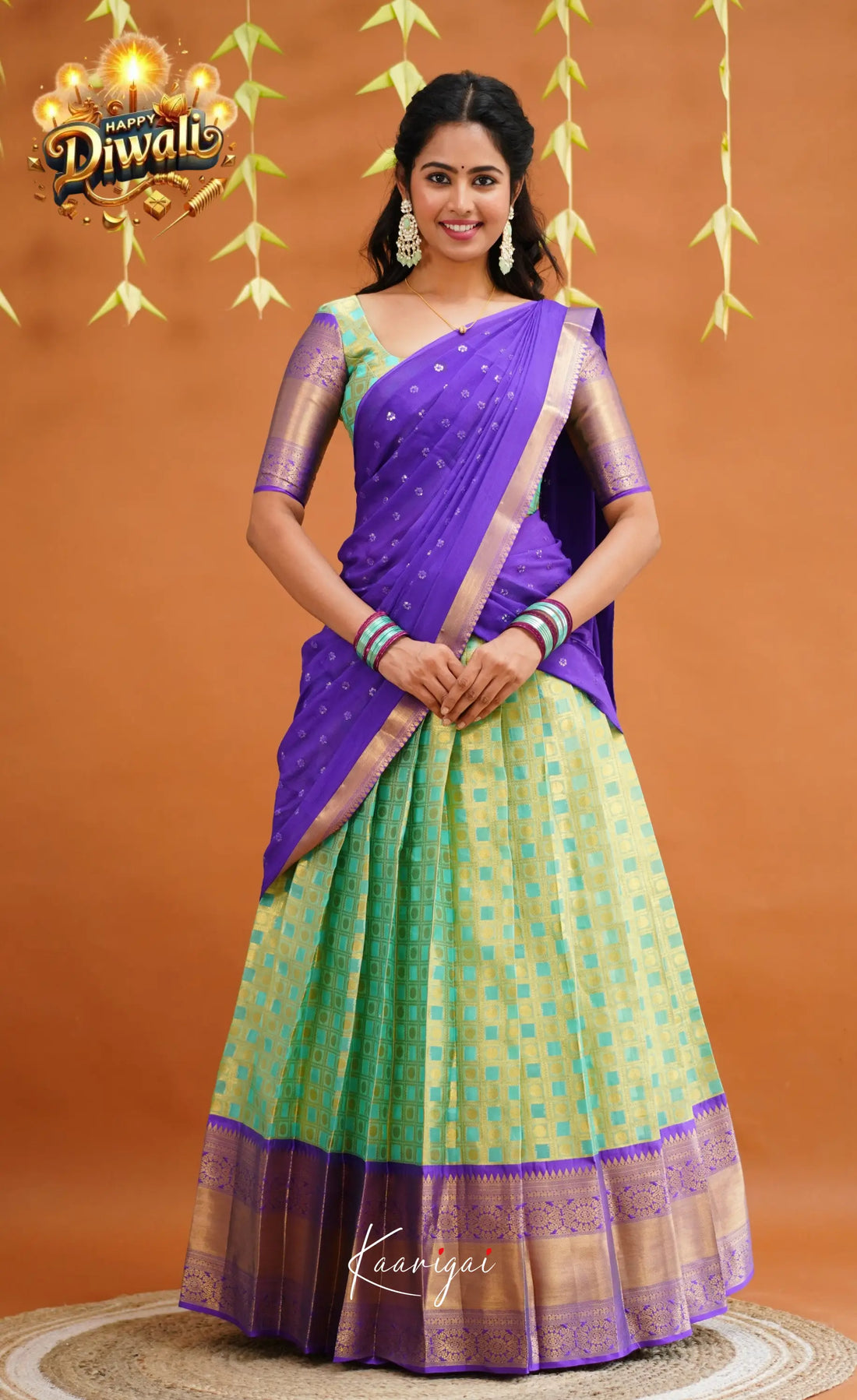 Izhaiyini Organza Half Saree - Light Sea Green And Purple Sarees