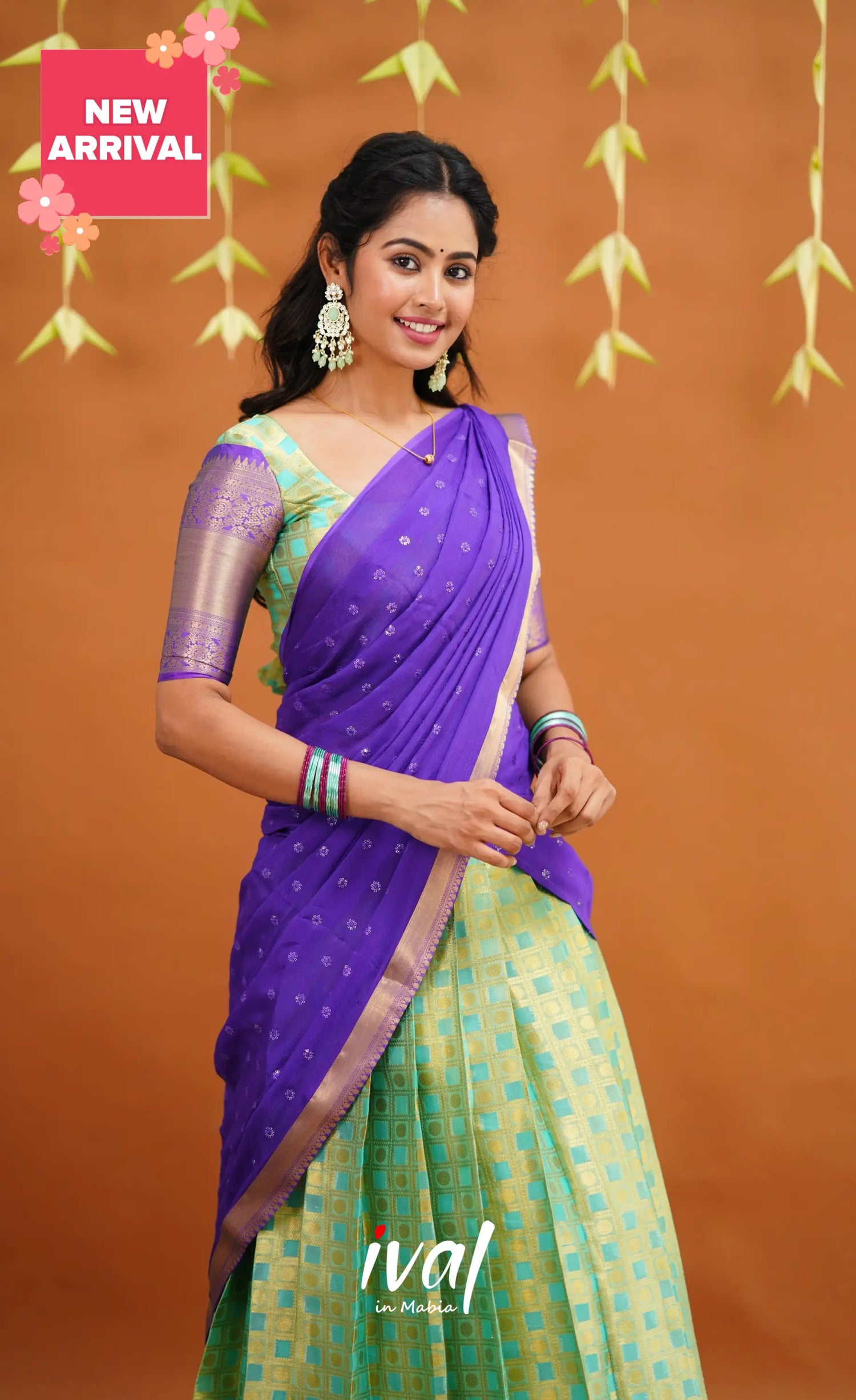 Izhaiyini Organza Half Saree - Light Sea Green And Purple Sarees