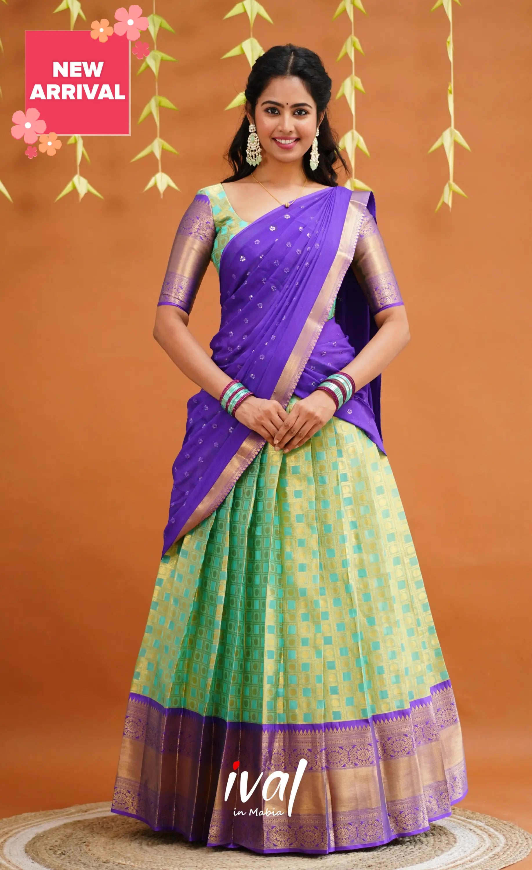 Izhaiyini Organza Half Saree - Light Sea Green And Purple Sarees