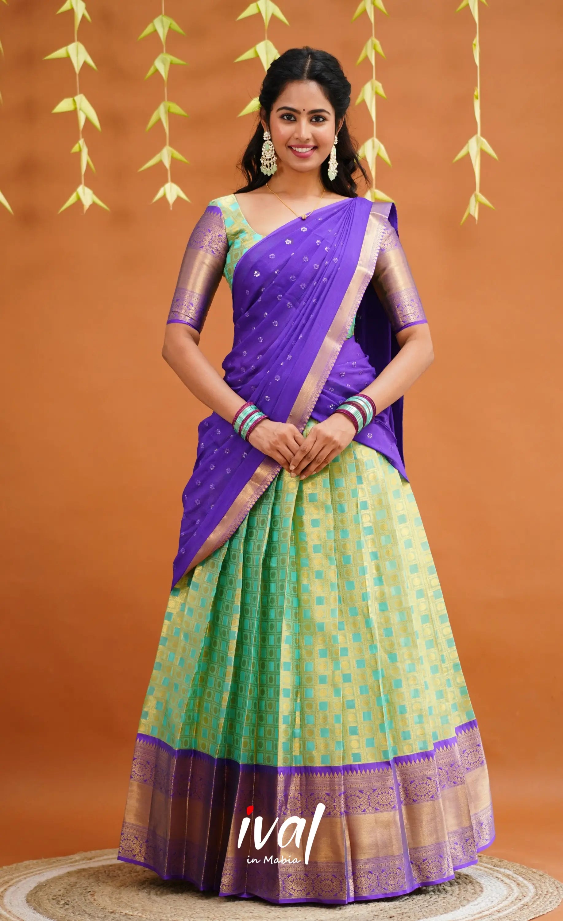 Izhaiyini Organza Half Saree - Light Sea Green And Purple Sarees