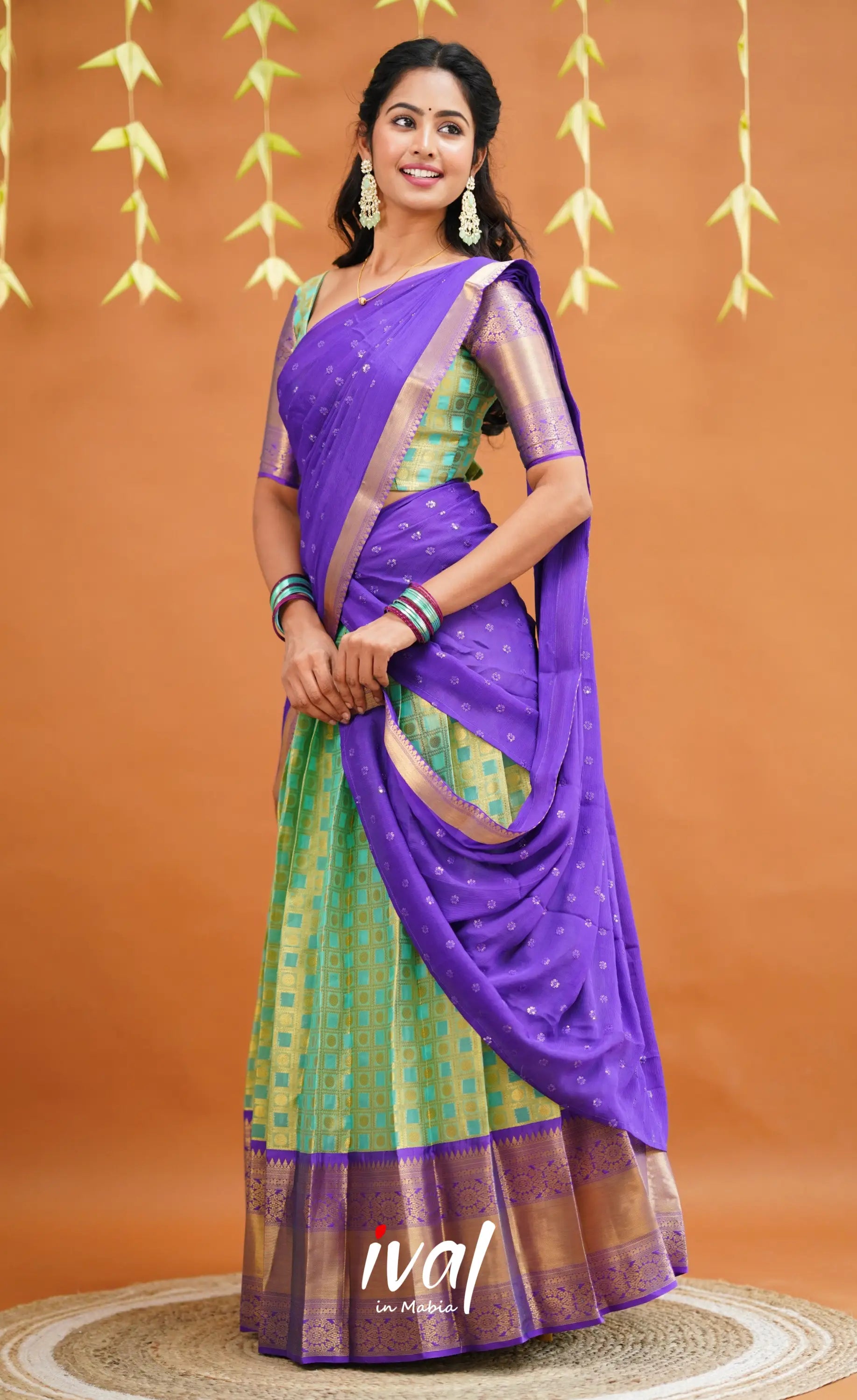 Izhaiyini Organza Half Saree - Light Sea Green And Purple Sarees