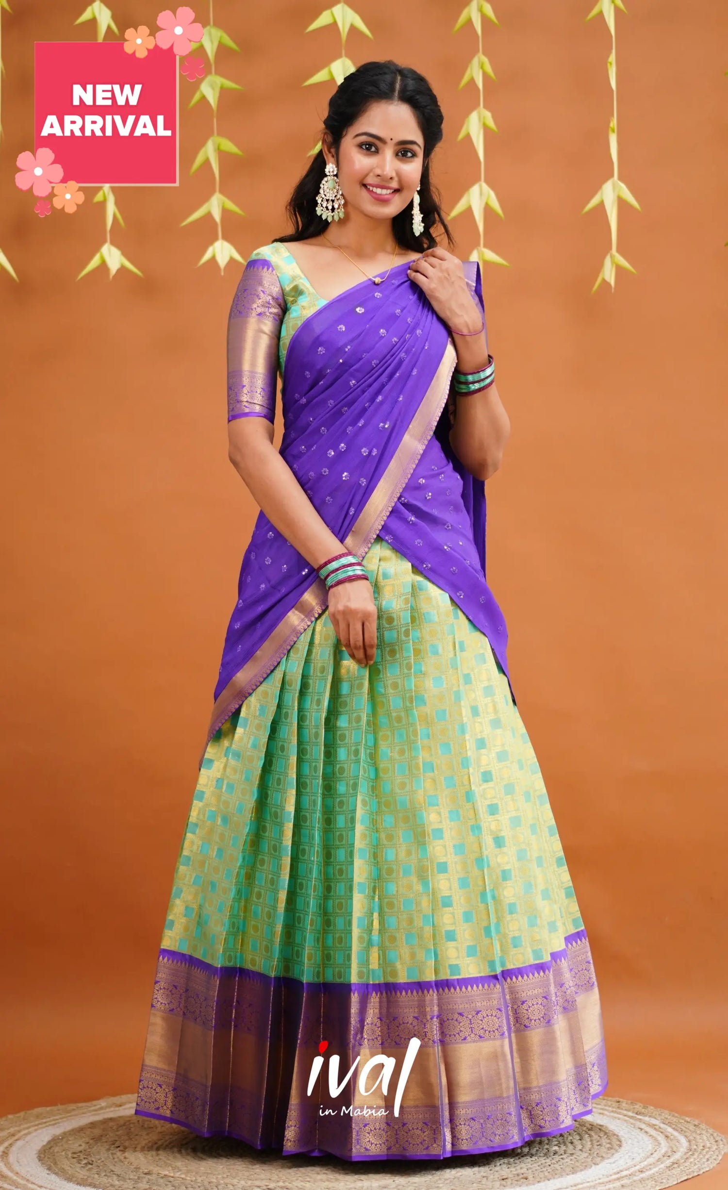 Izhaiyini Organza Half Saree - Light Sea Green And Purple Sarees