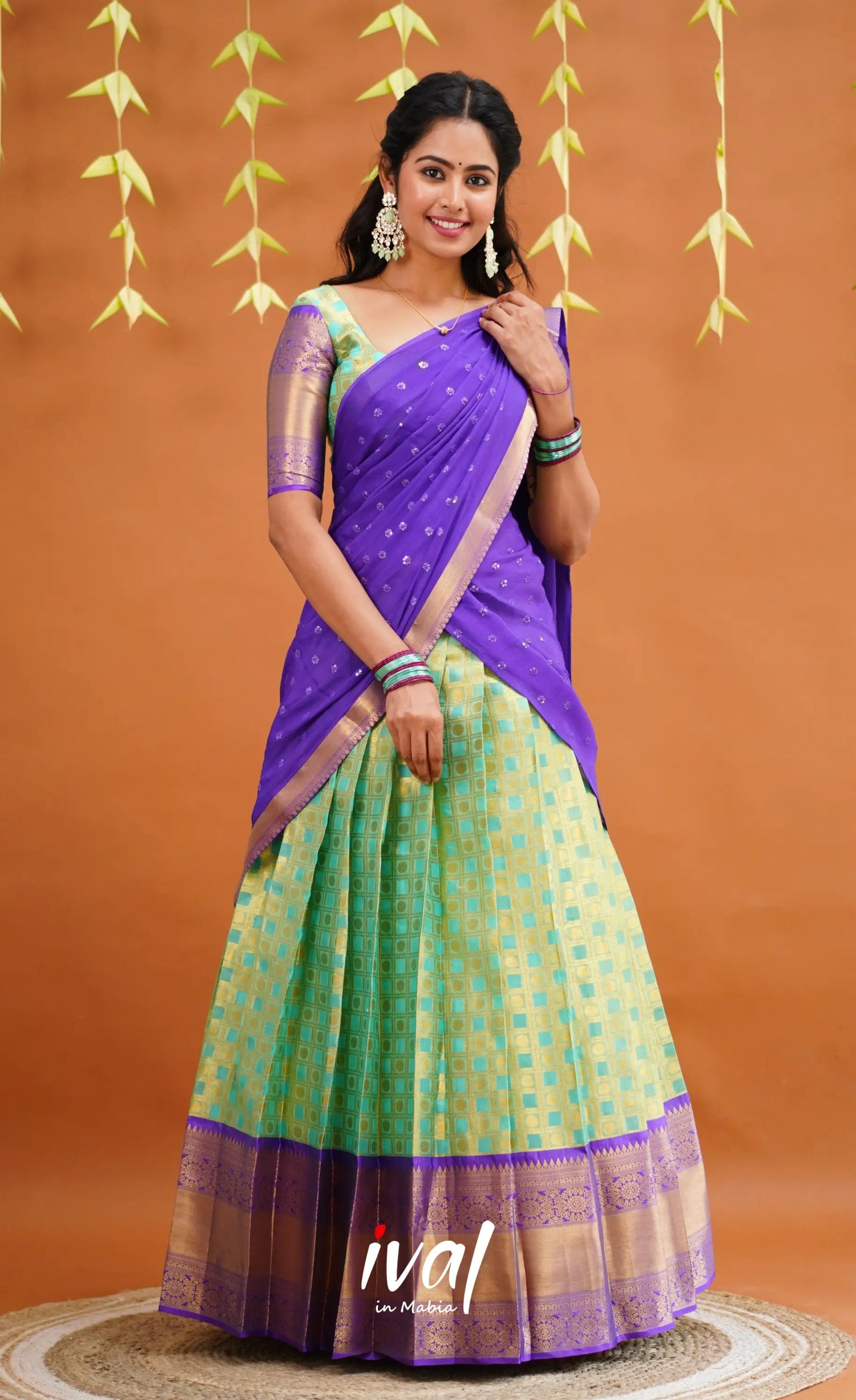 Izhaiyini Organza Half Saree - Light Sea Green And Purple Sarees