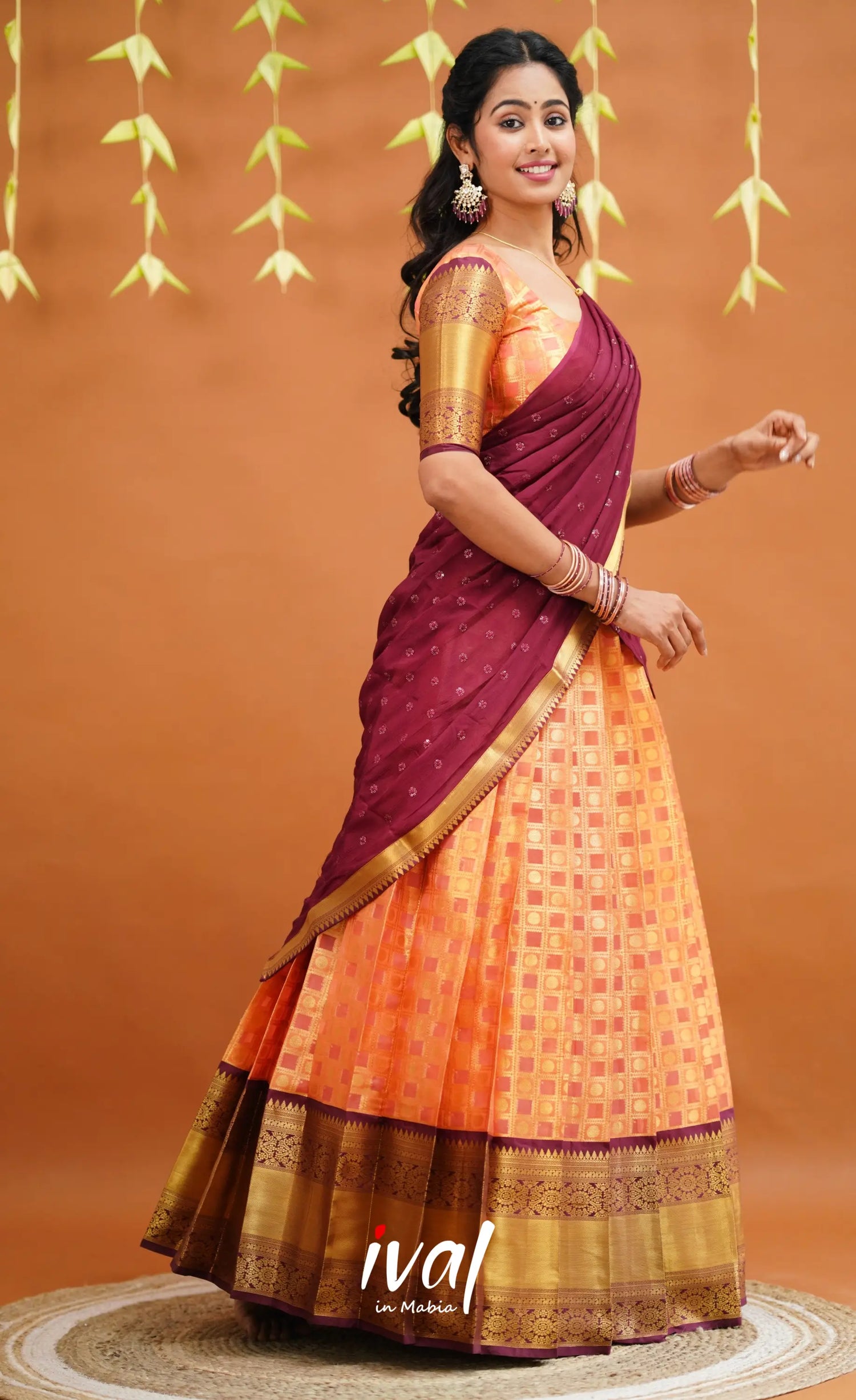 Izhaiyini Organza Half Saree - Peachish Orange And Wine Sarees