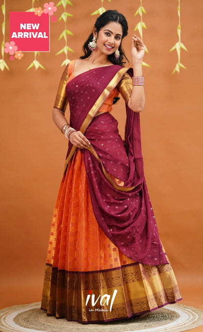 Izhaiyini Organza Half Saree - Peachish Orange And Wine Sarees