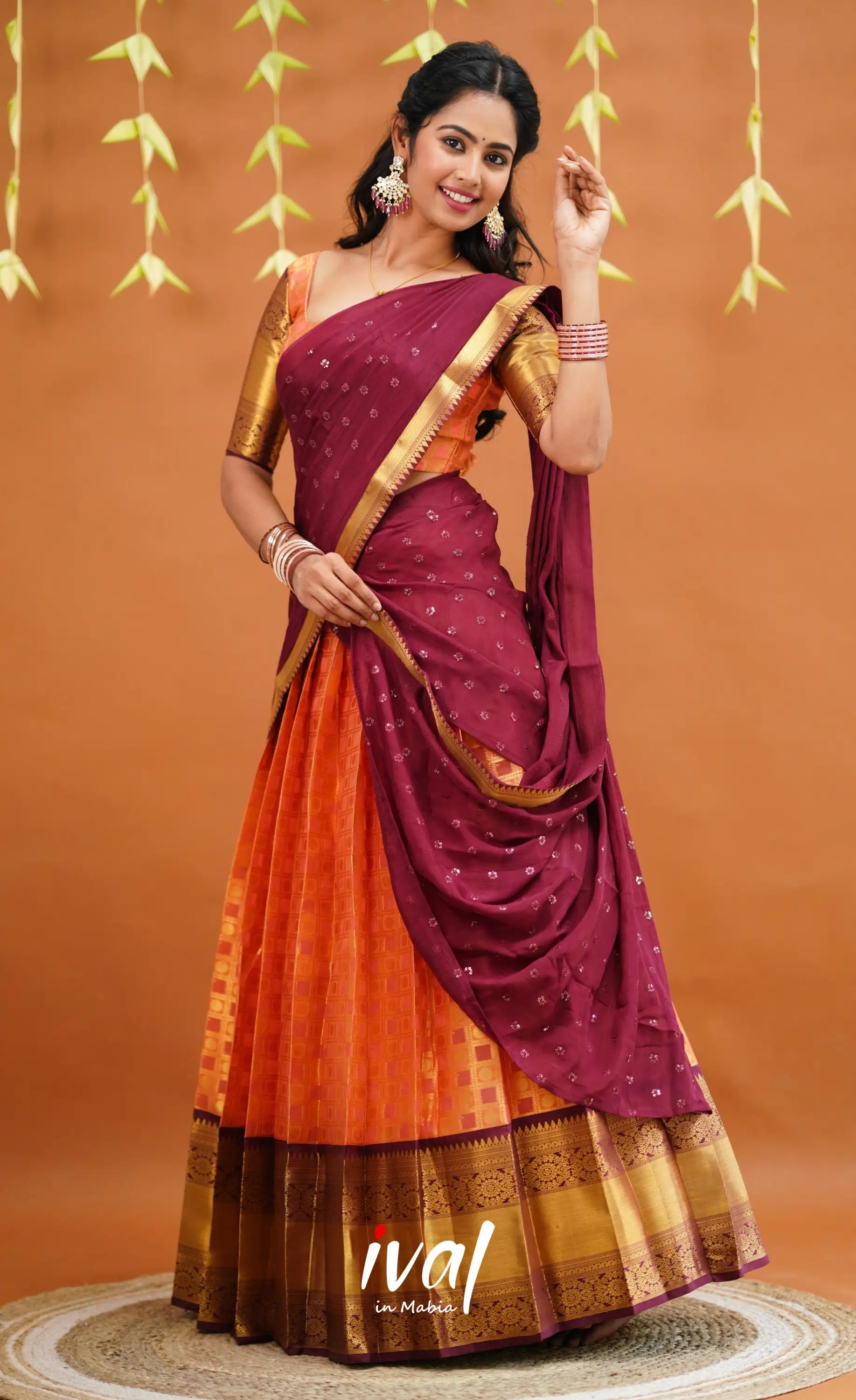 Izhaiyini Organza Half Saree - Peachish Orange And Wine Sarees