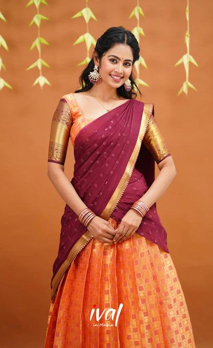 Izhaiyini Organza Half Saree - Peachish Orange And Wine Sarees