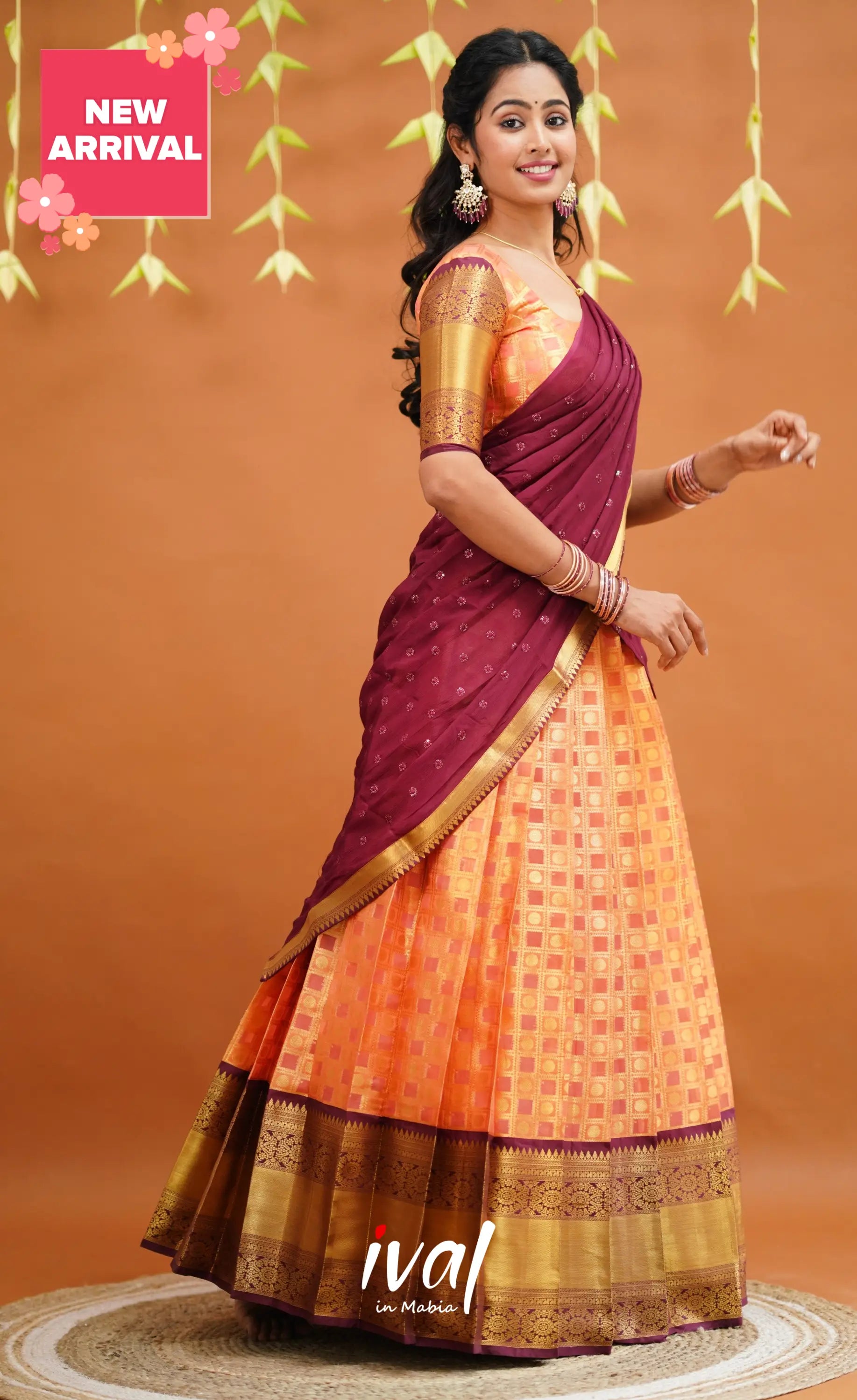 Izhaiyini Organza Half Saree - Peachish Orange And Wine Sarees