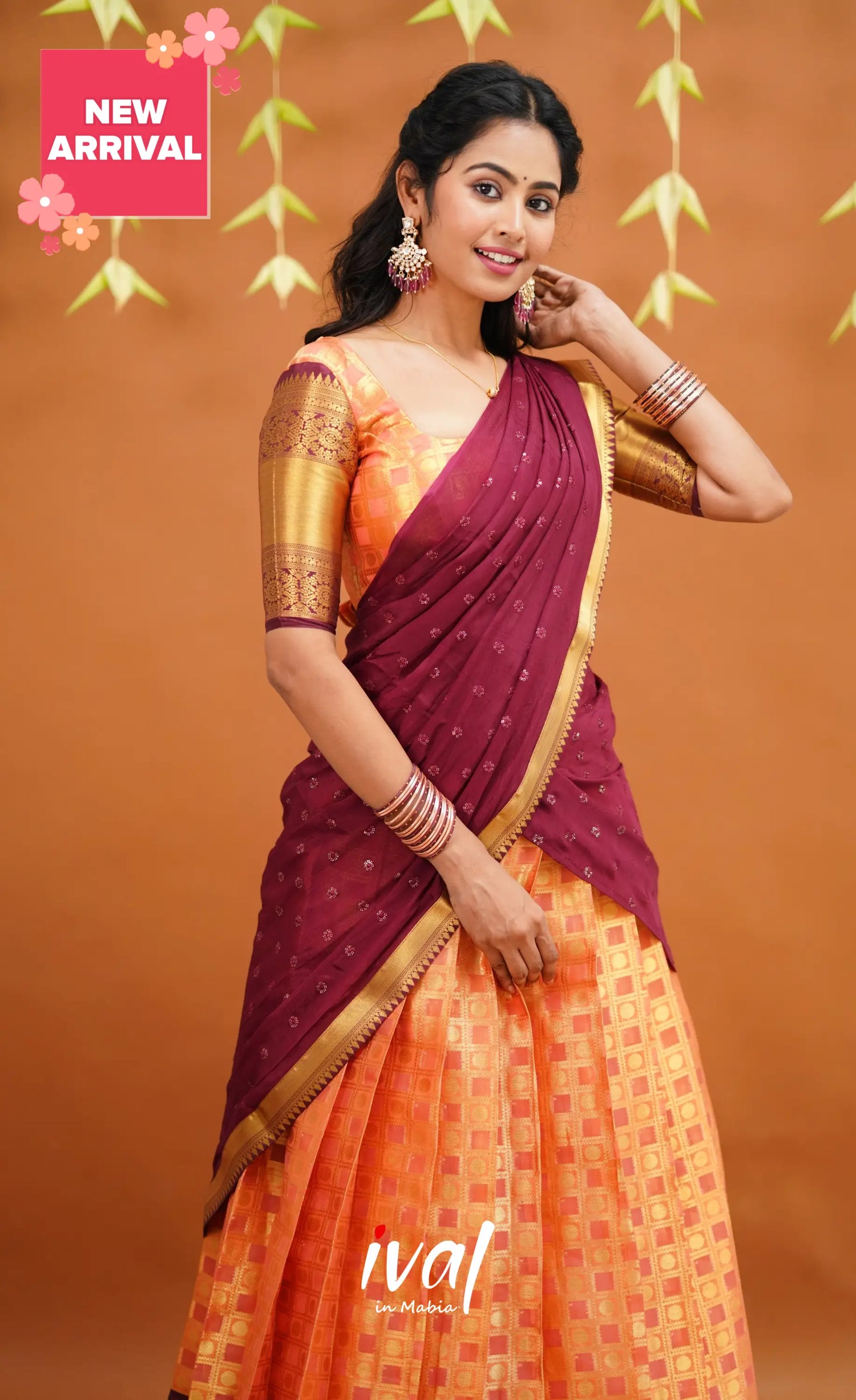 Izhaiyini Organza Half Saree - Peachish Orange And Wine Sarees