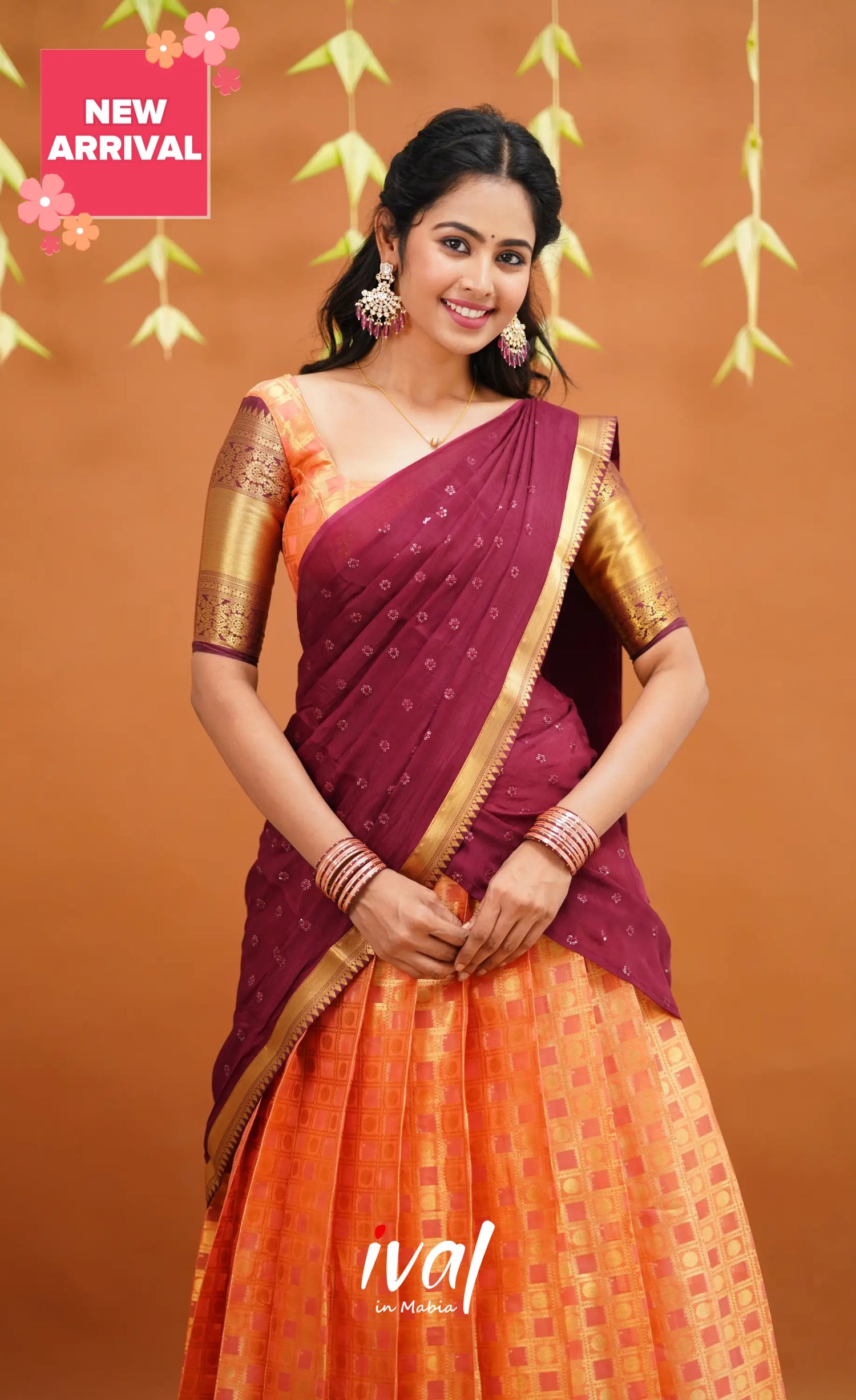 Izhaiyini Organza Half Saree - Peachish Orange And Wine Sarees