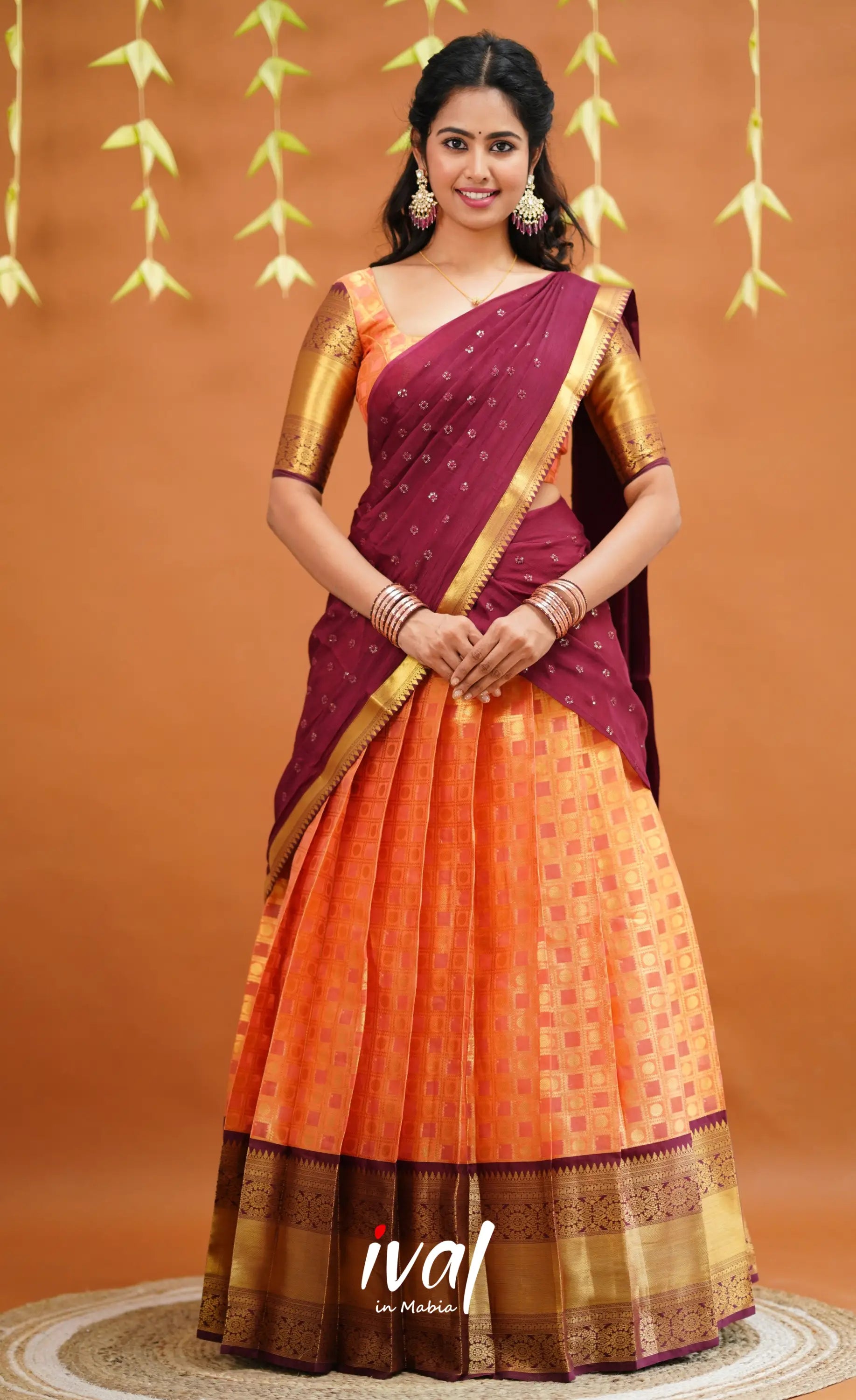 Izhaiyini Organza Half Saree - Peachish Orange And Wine Sarees