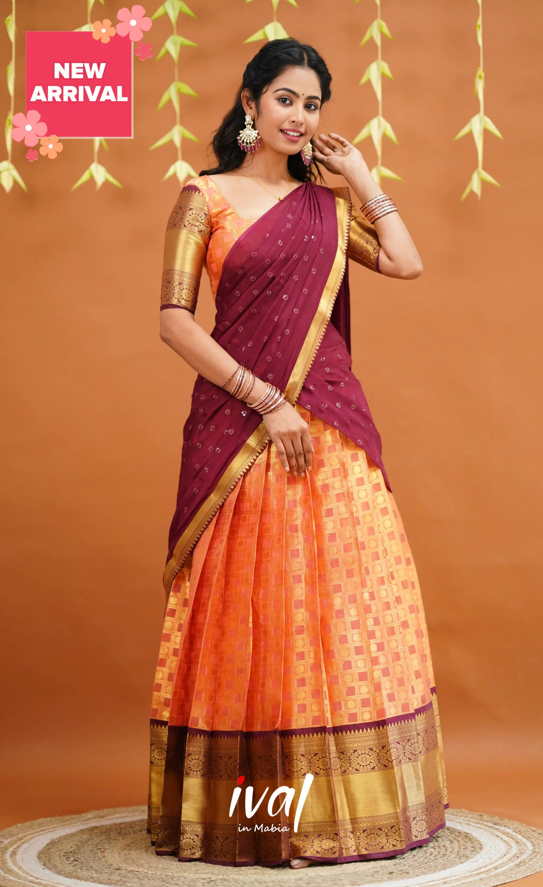 Izhaiyini Organza Half Saree - Peachish Orange And Wine Sarees