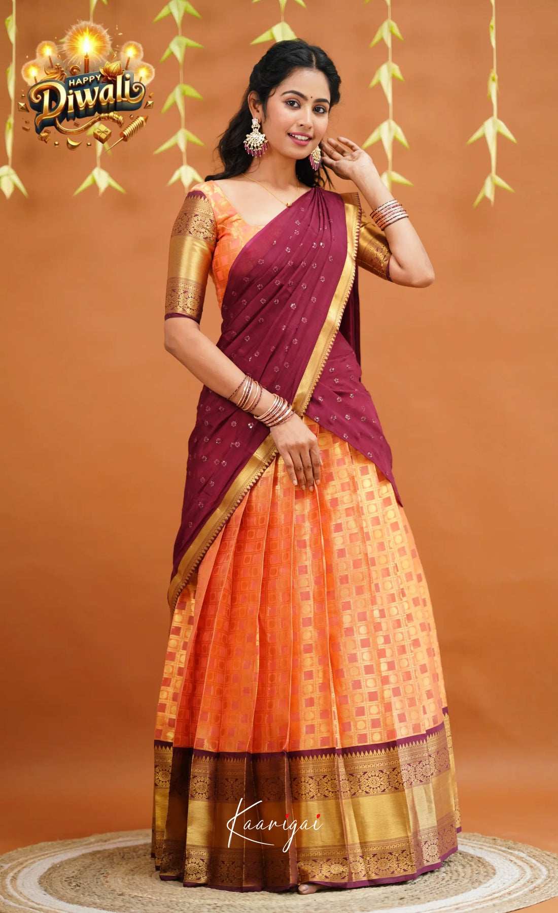 Izhaiyini Organza Half Saree - Peachish Orange And Wine Sarees