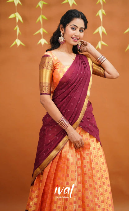 Izhaiyini Organza Half Saree - Peachish Orange And Wine Sarees