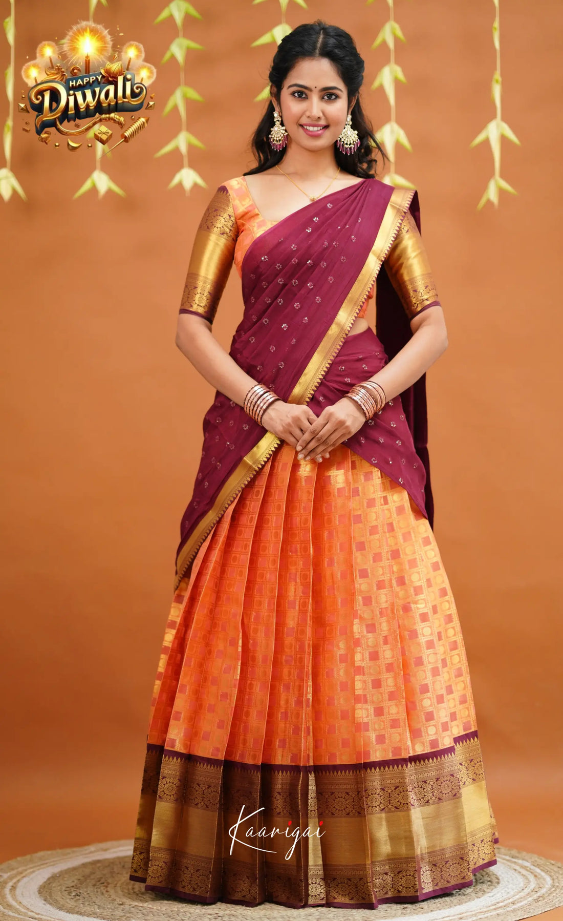 Izhaiyini Organza Half Saree - Peachish Orange And Wine Sarees