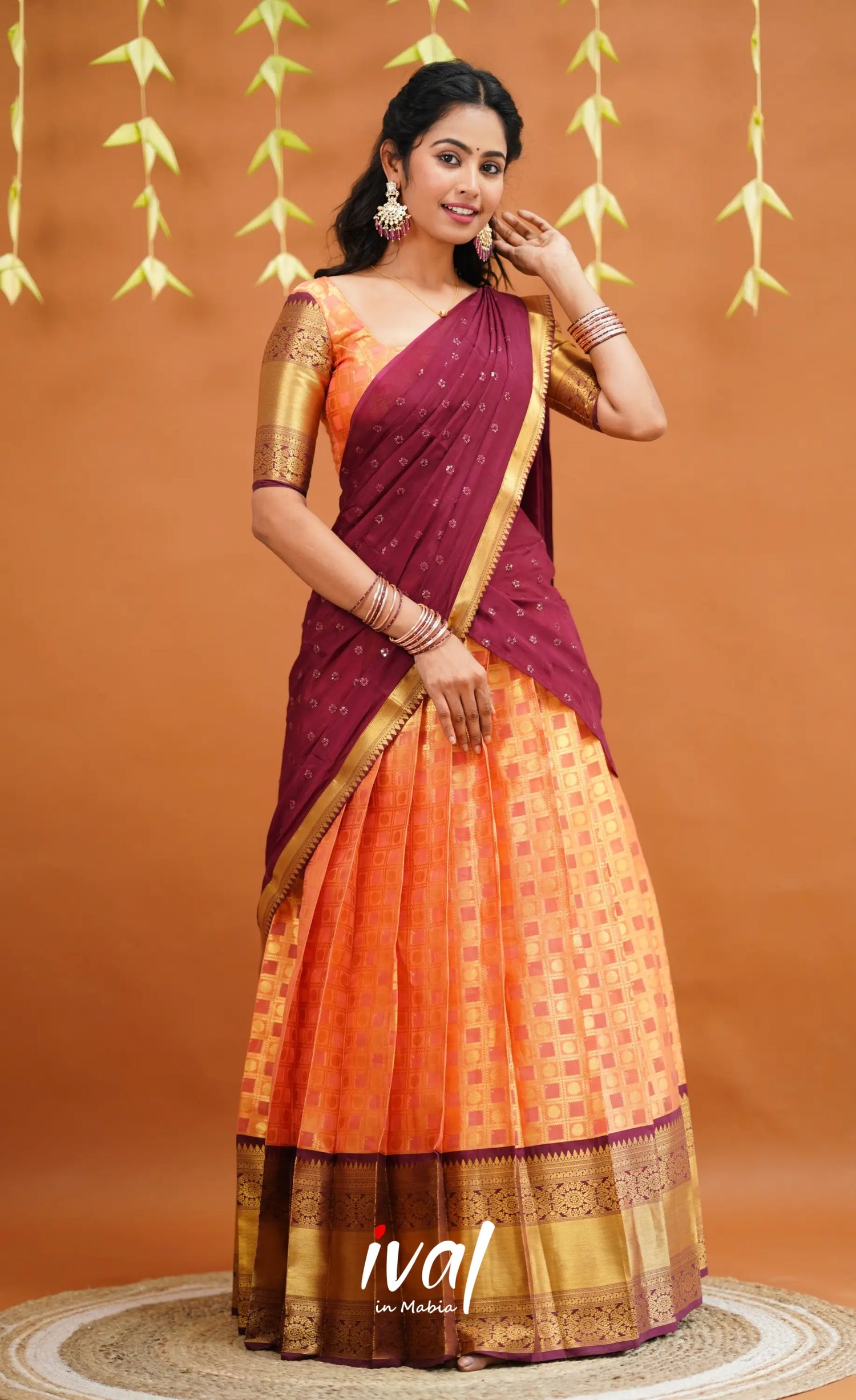 Izhaiyini Organza Half Saree - Peachish Orange And Wine Sarees