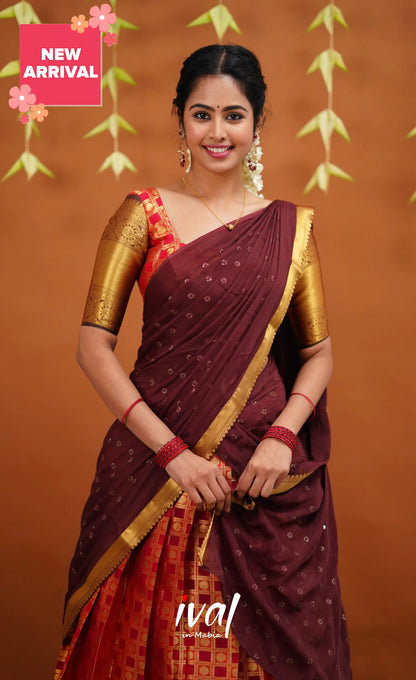 Izhaiyini Organza Half Saree - Red And Brown Sarees