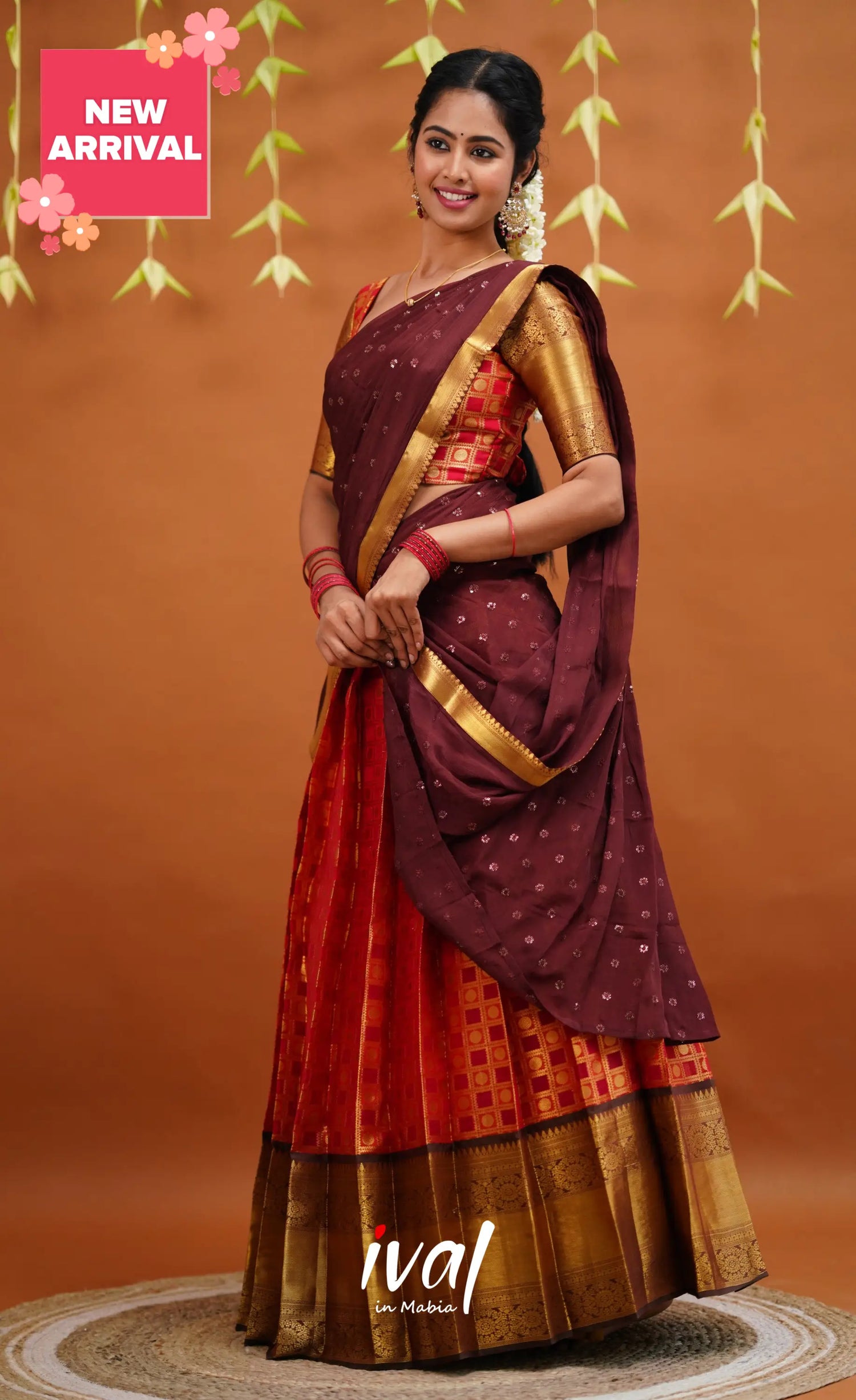 Izhaiyini Organza Half Saree - Red And Brown Sarees