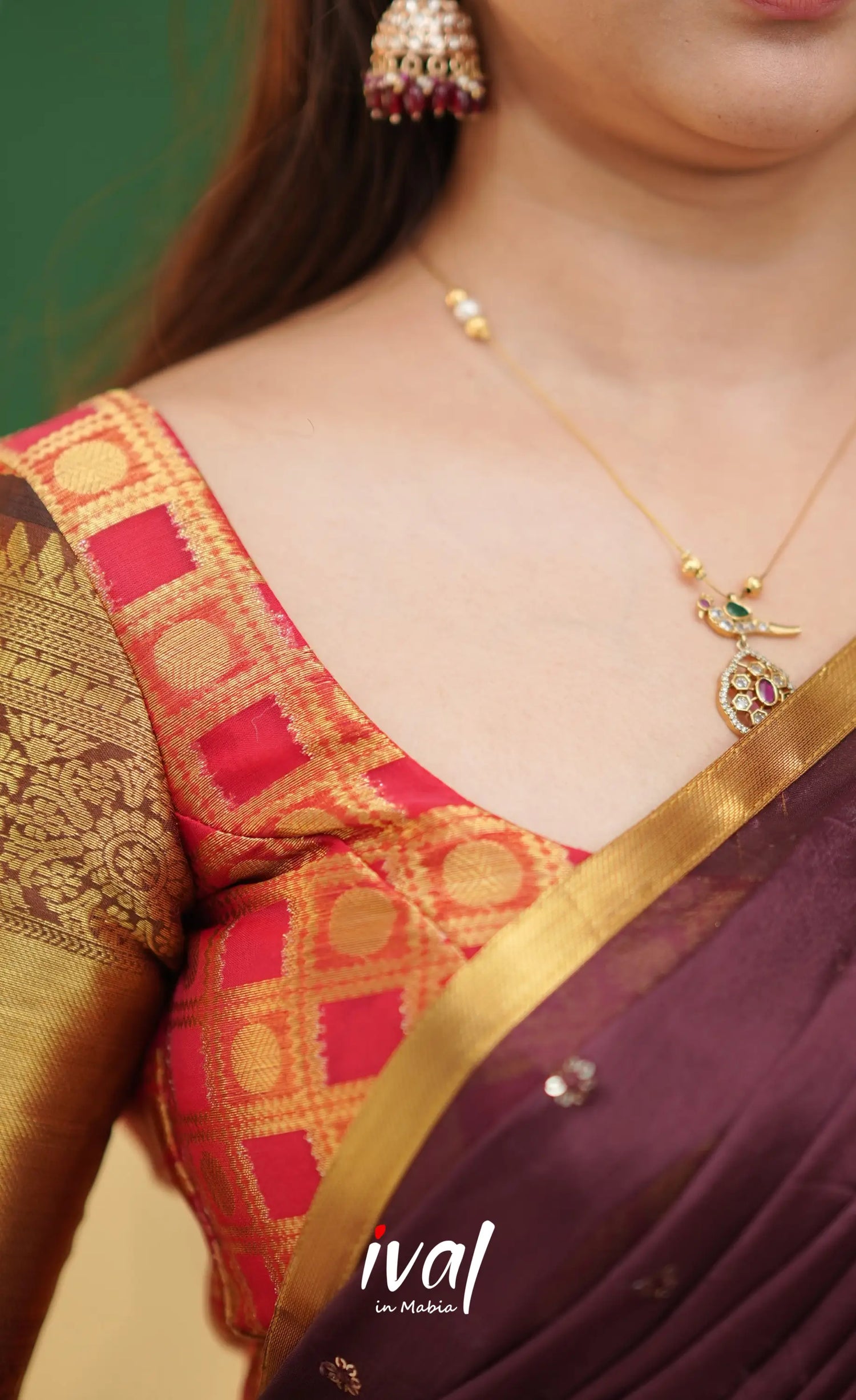 Izhaiyini Organza Half Saree - Red and brown - Half Sarees