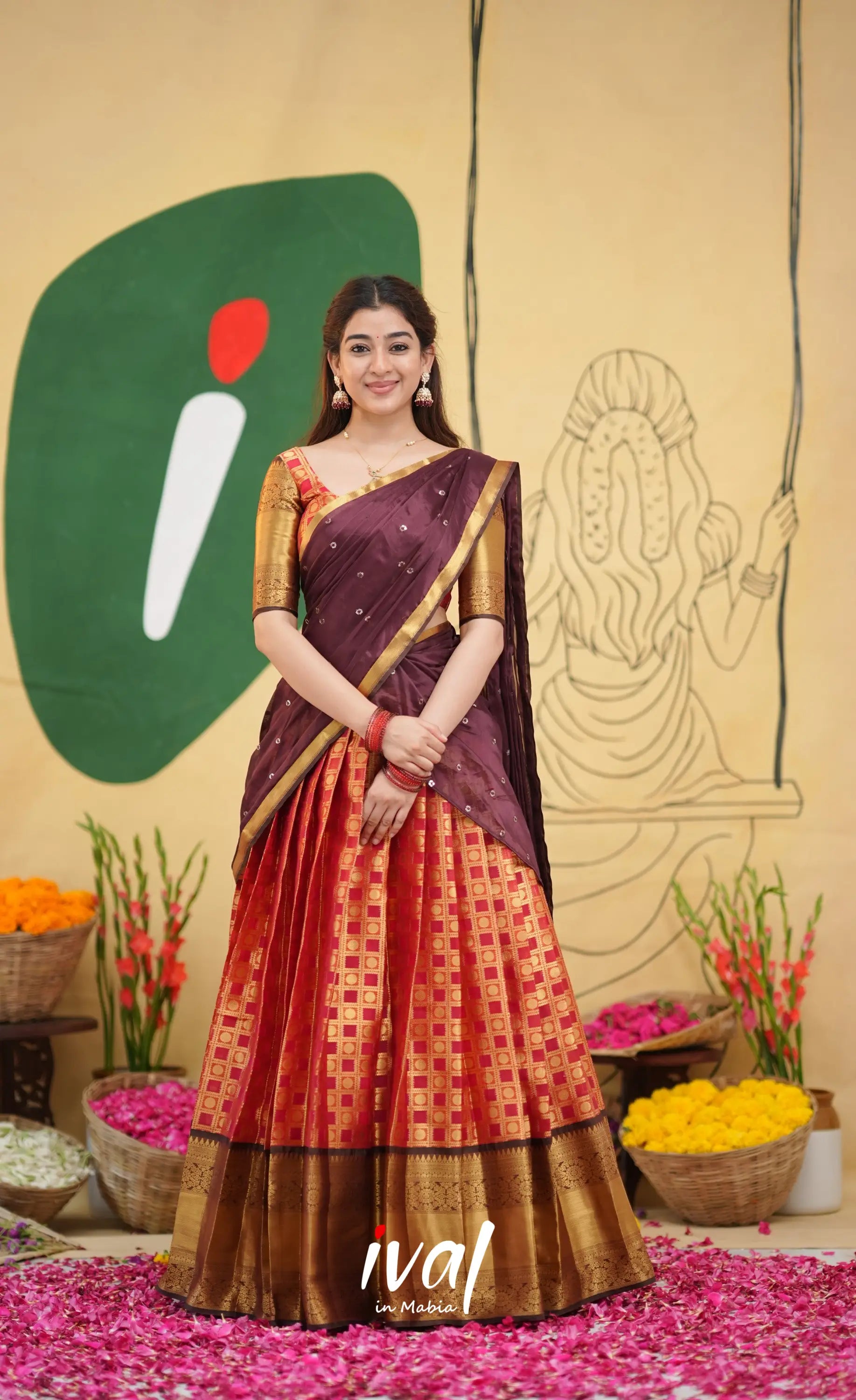 Izhaiyini Organza Half Saree - Red and brown - Half Sarees