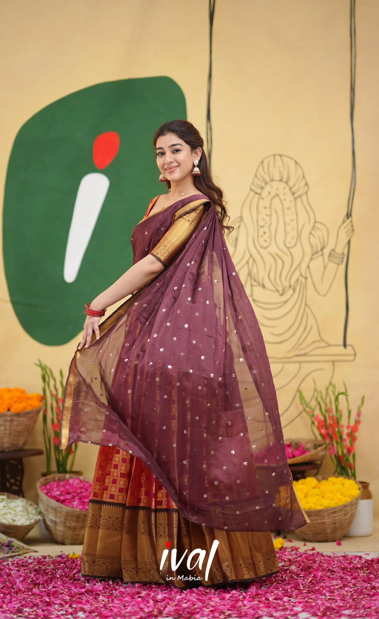 Izhaiyini Organza Half Saree - Red and brown - Half Sarees
