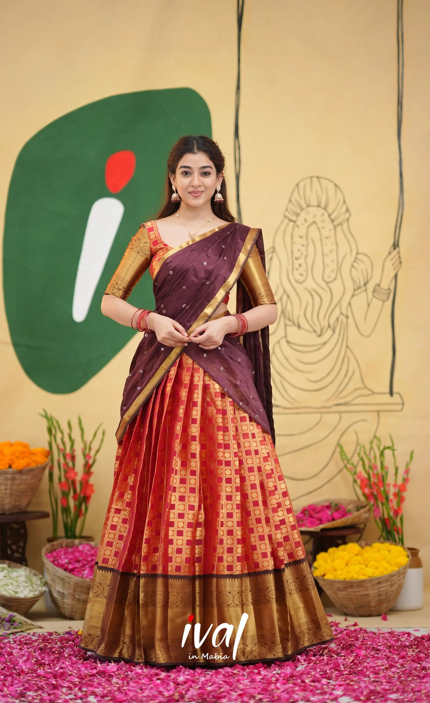 Izhaiyini Organza Half Saree - Red and brown - Half Sarees