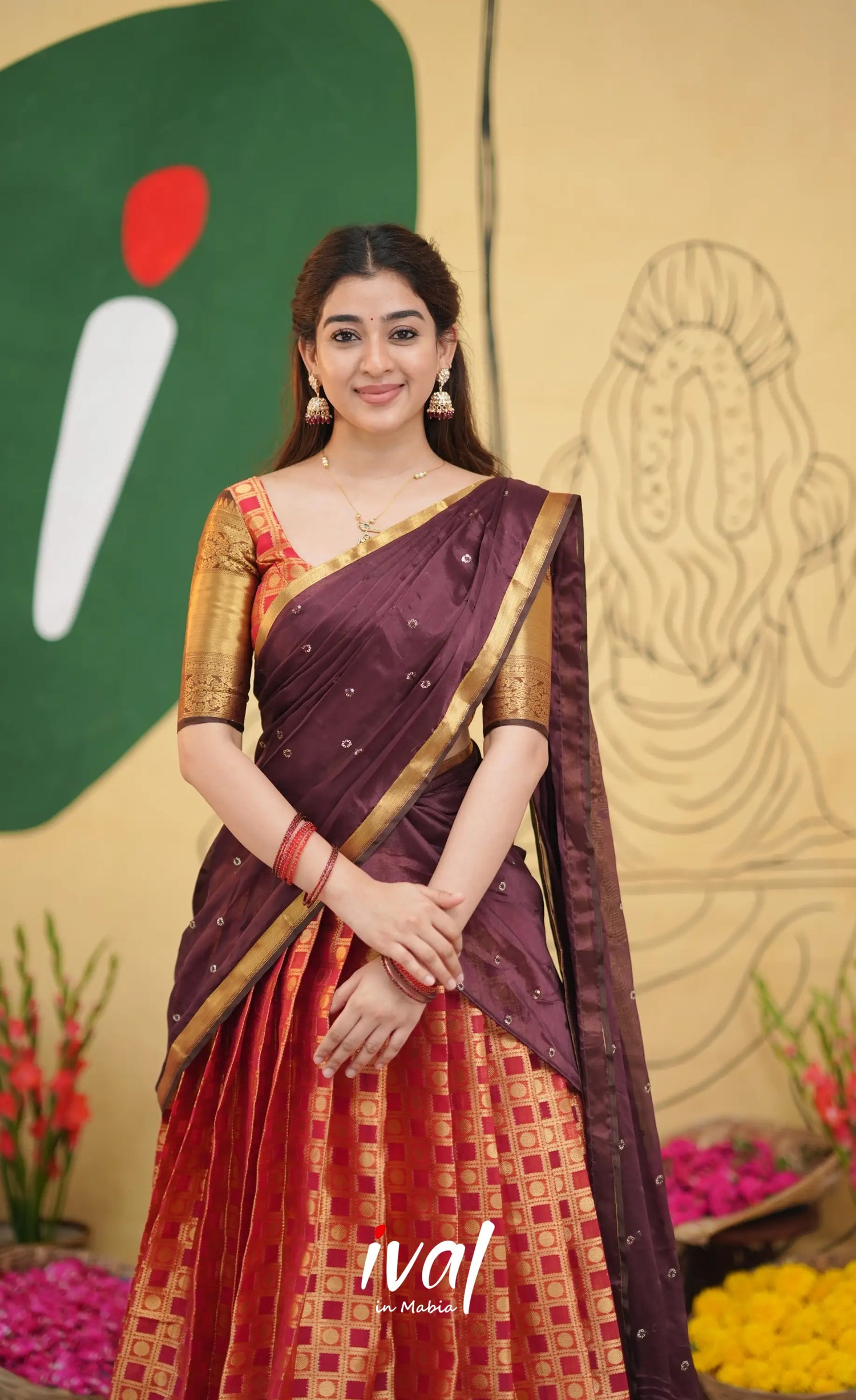 Izhaiyini Organza Half Saree - Red and brown - Half Sarees