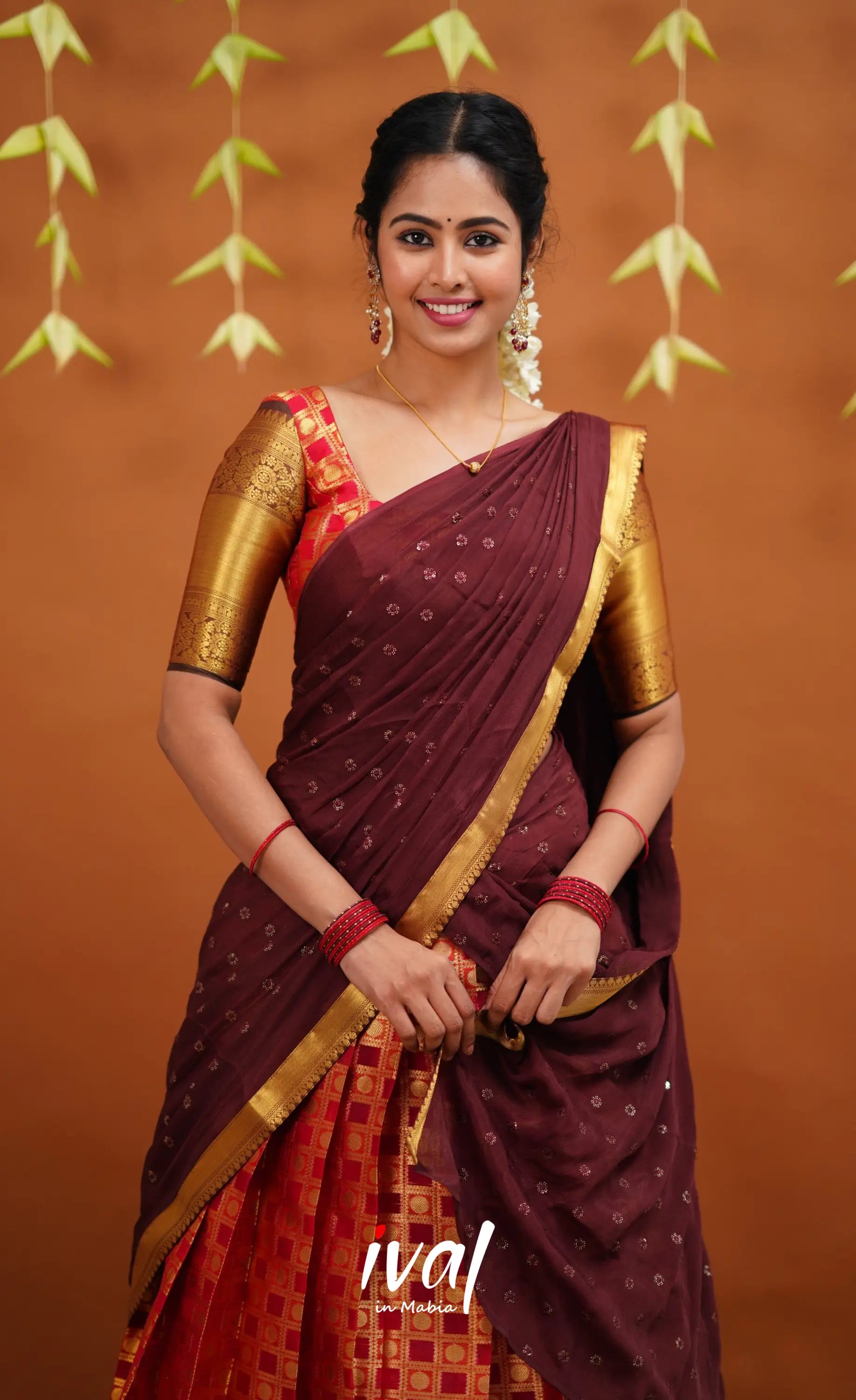 Izhaiyini Organza Half Saree - Red And Brown Sarees